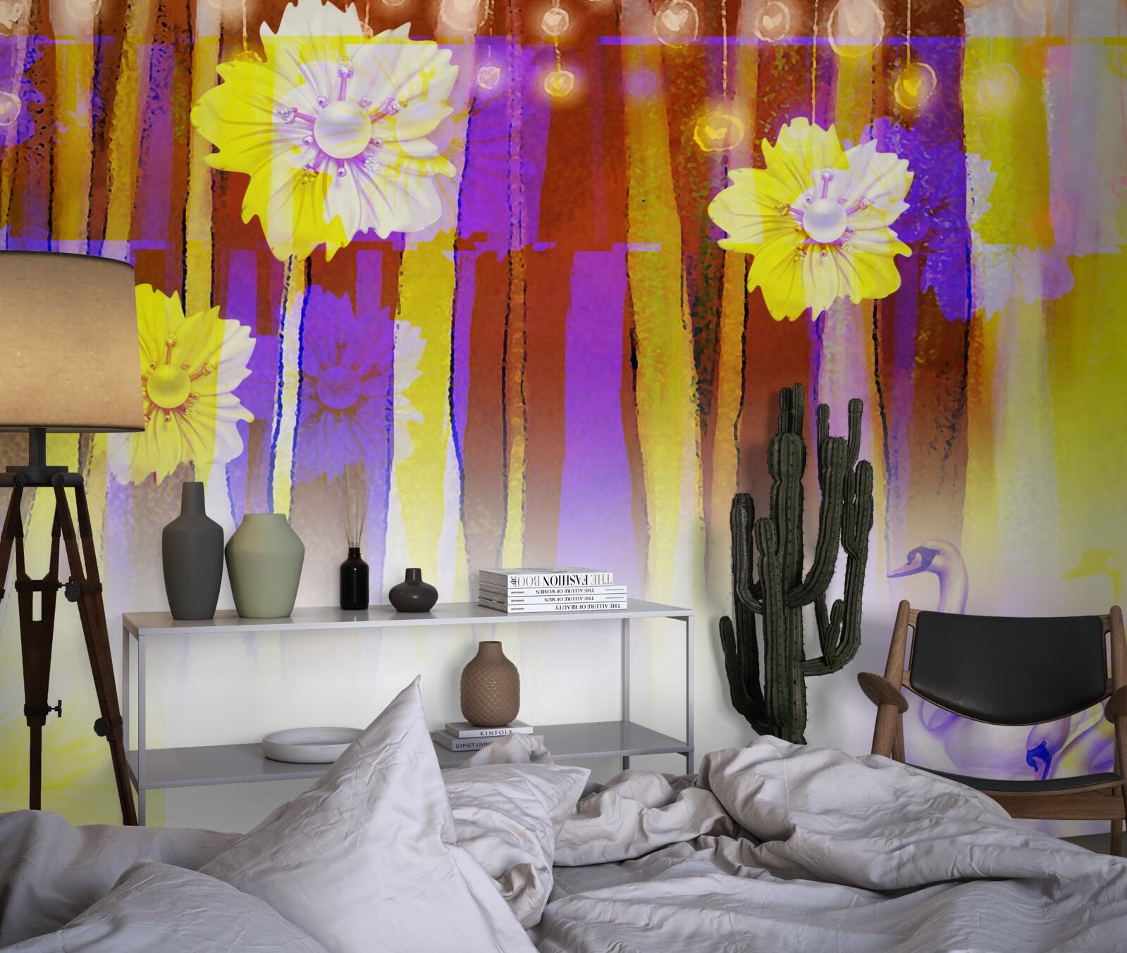 Papier peint fleurs de cygnes et cygnes flottant sur l'eau