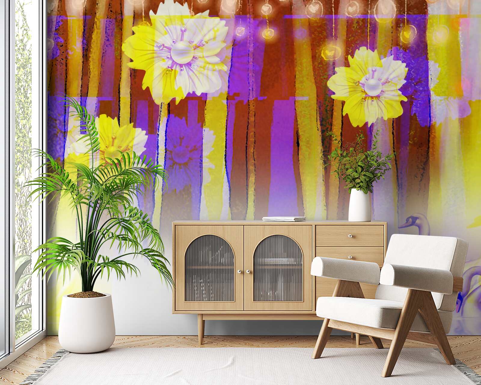 Papier peint fleurs de cygnes et cygnes flottant sur l'eau