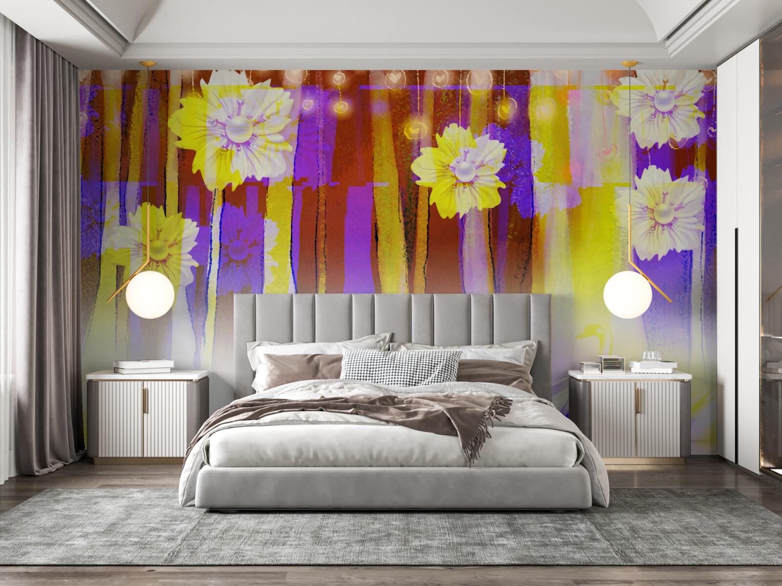 Papier peint fleurs de cygnes et cygnes flottant sur l'eau