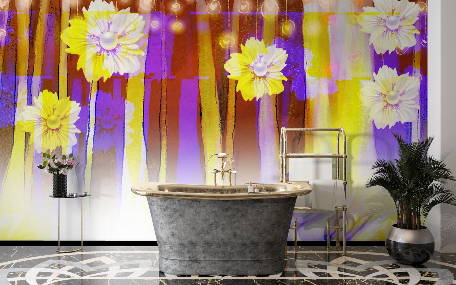 Papier peint fleurs de cygnes et cygnes flottant sur l'eau