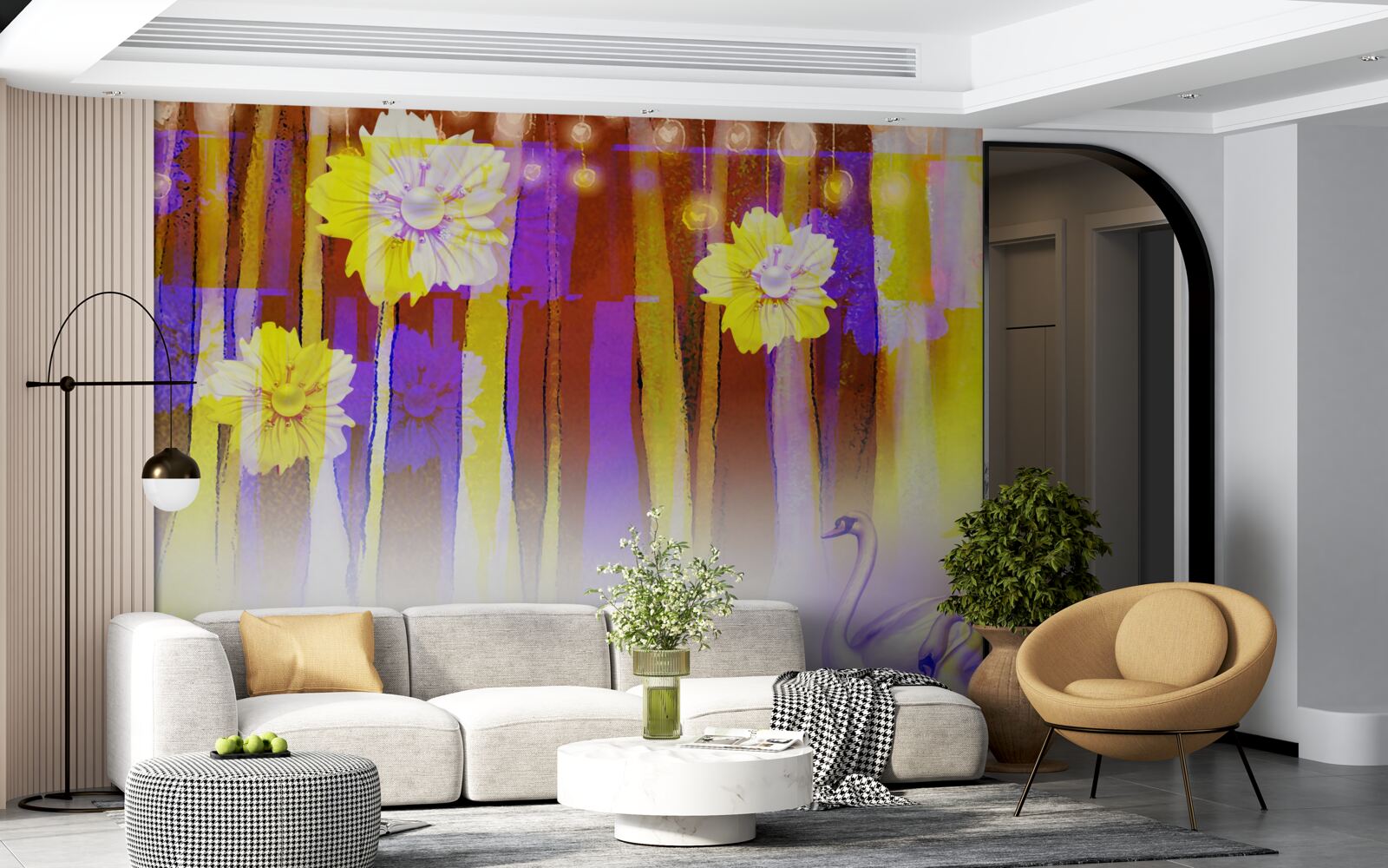 Papier peint fleurs de cygnes et cygnes flottant sur l'eau