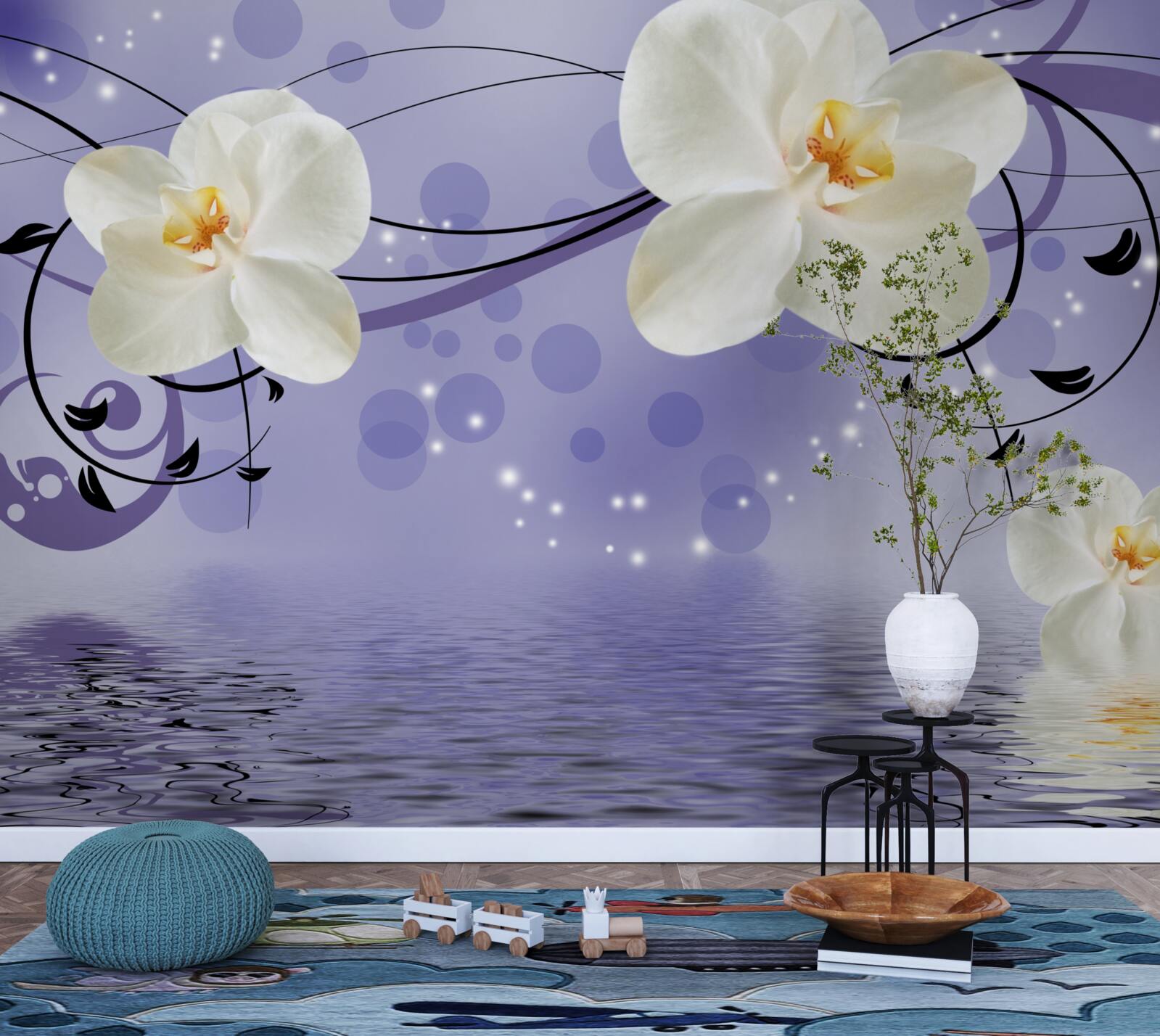 Papier peint il y a de grandes fleurs blanches au bord de l'étang