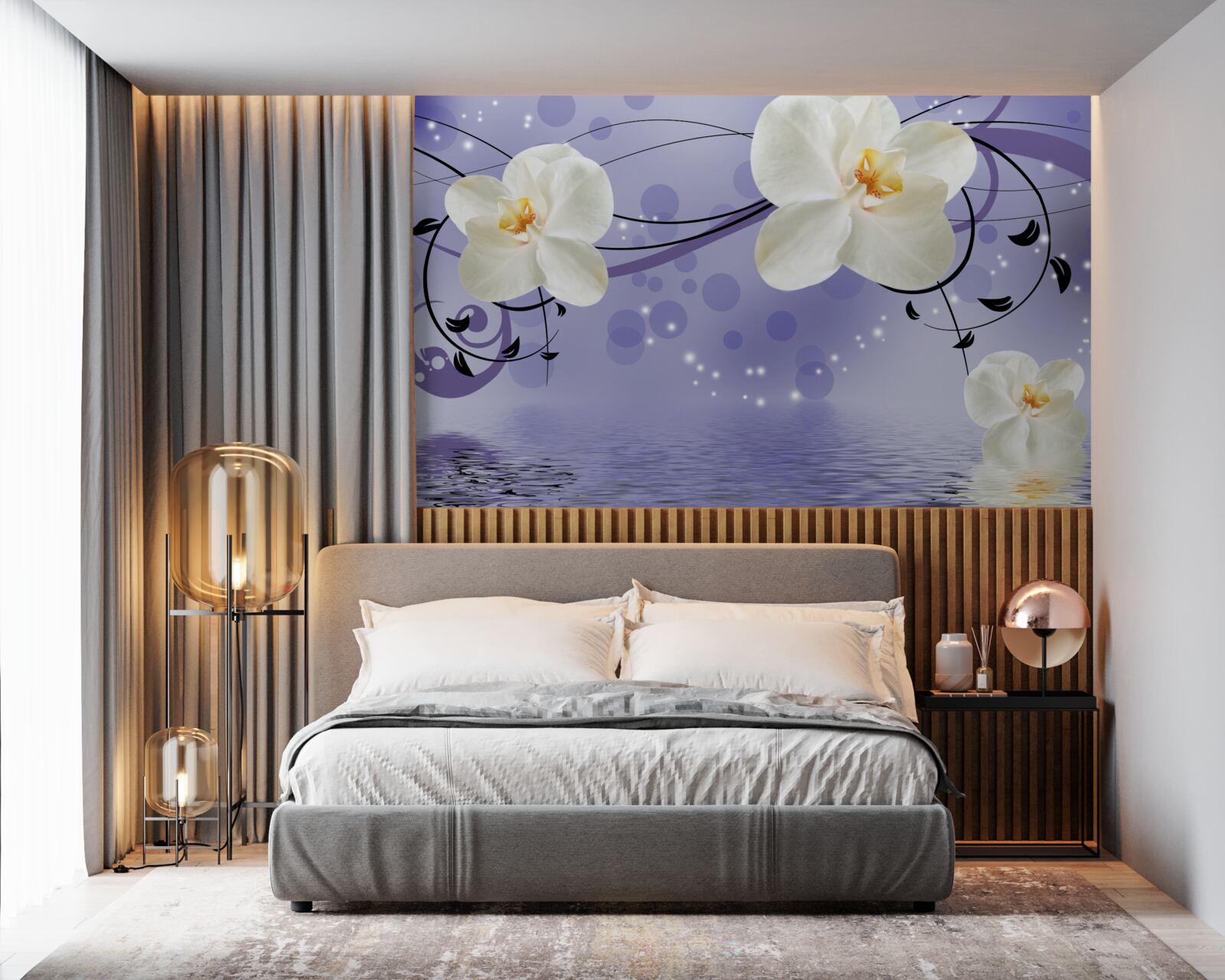 Papier peint il y a de grandes fleurs blanches au bord de l'étang