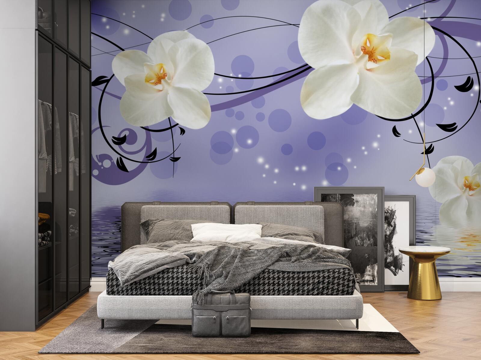 Papier peint il y a de grandes fleurs blanches au bord de l'étang