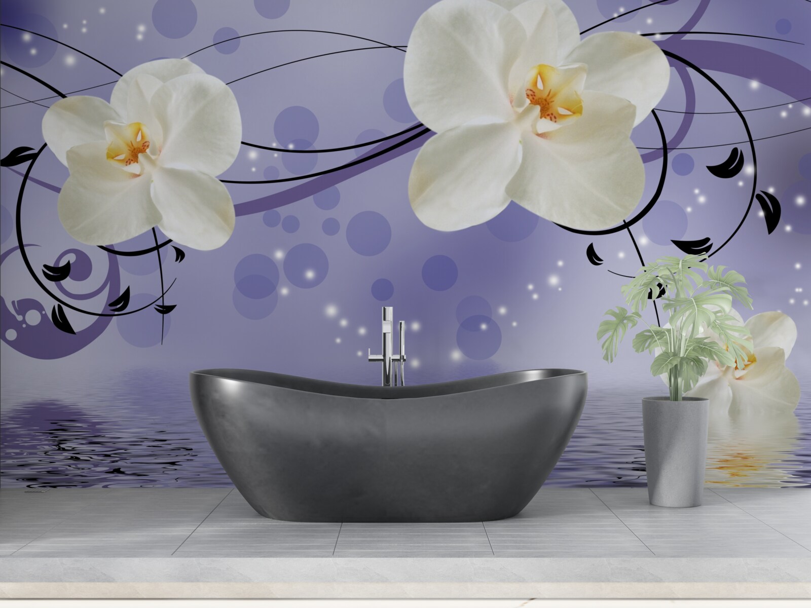 Papier peint il y a de grandes fleurs blanches au bord de l'étang