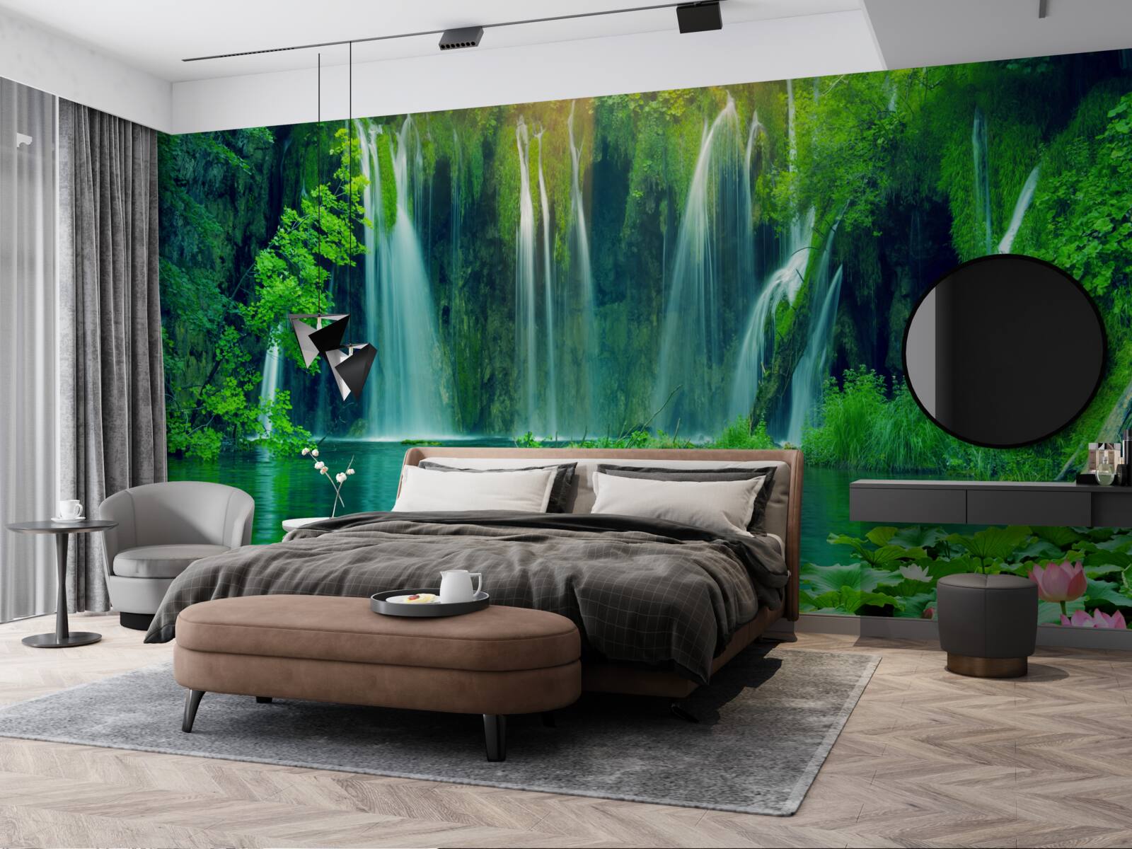 Papier peint des chutes d'eau tombant dans un lac cristallin