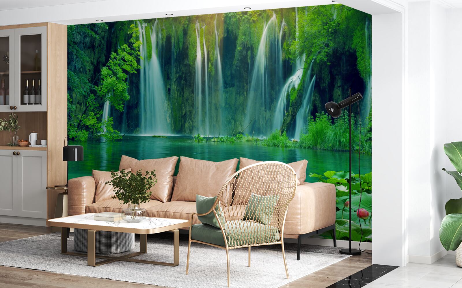 Papier peint des chutes d'eau tombant dans un lac cristallin