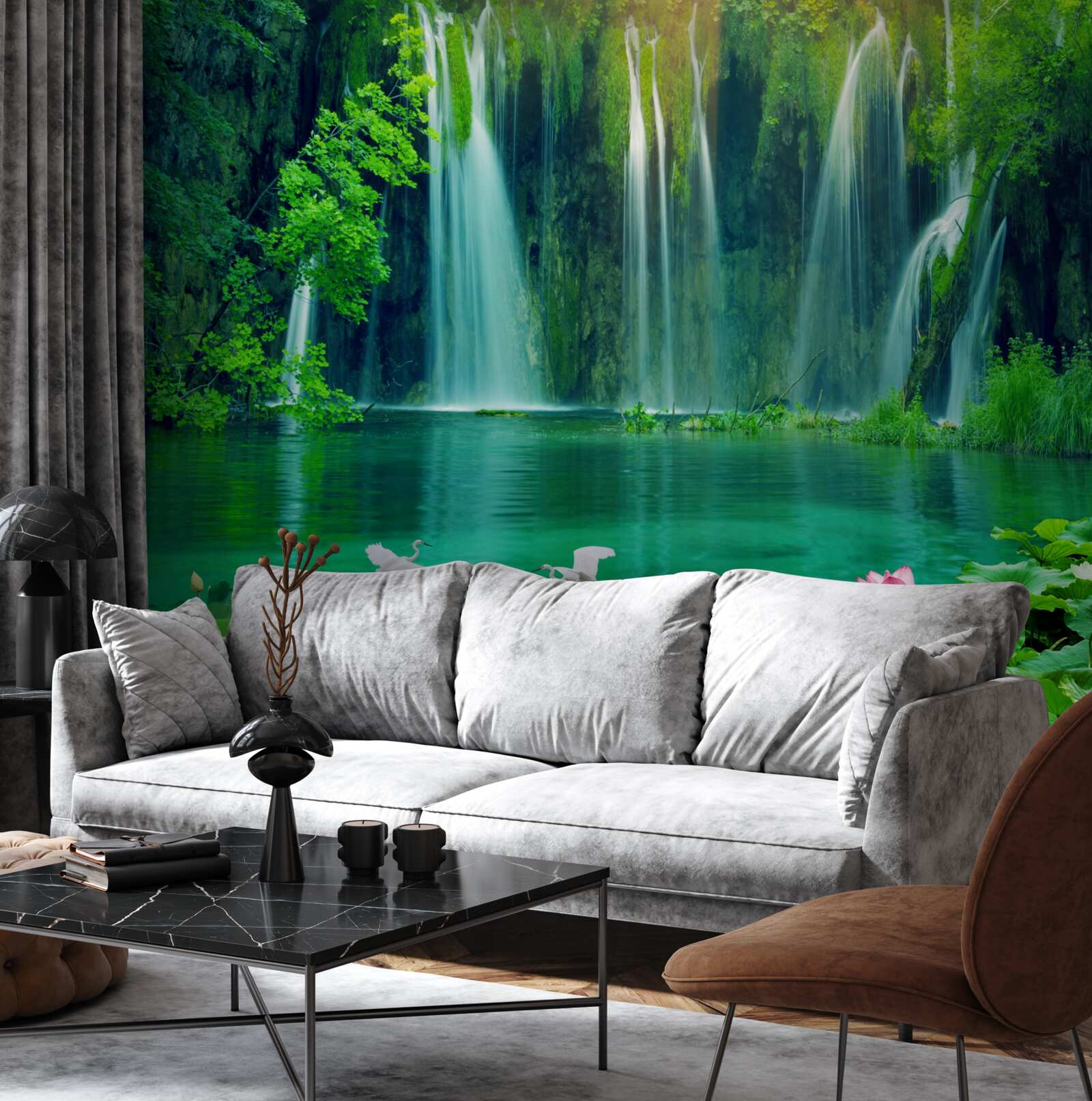 Papier peint des chutes d'eau tombant dans un lac cristallin