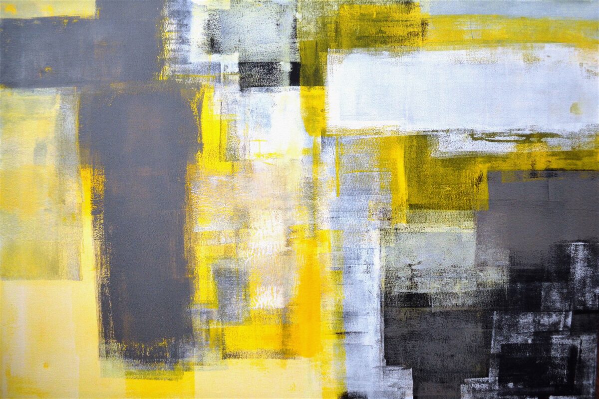 Papier peint peinture abstraite dans les tons de jaune et de gris, réalisée avec des peintures