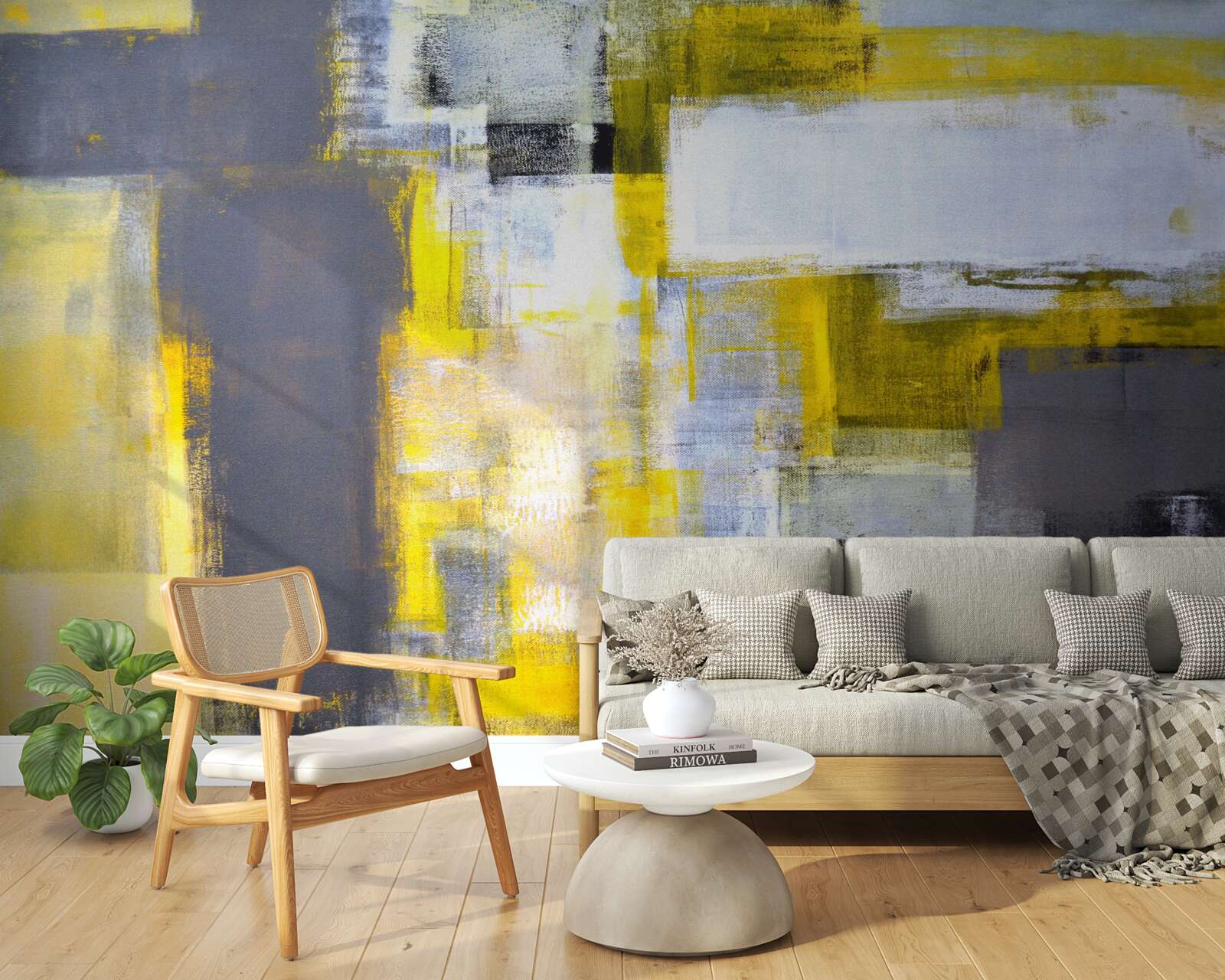 Papier peint peinture abstraite dans les tons de jaune et de gris, réalisée avec des peintures