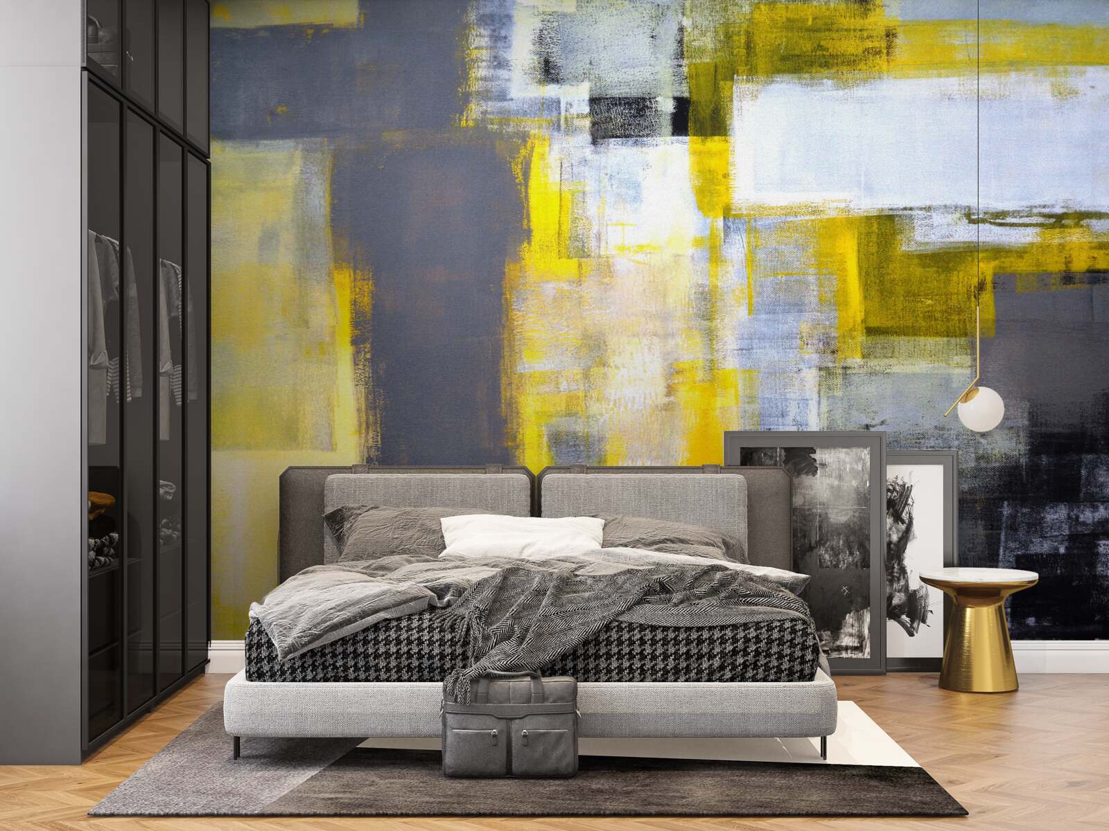 Papier peint peinture abstraite dans les tons de jaune et de gris, réalisée avec des peintures