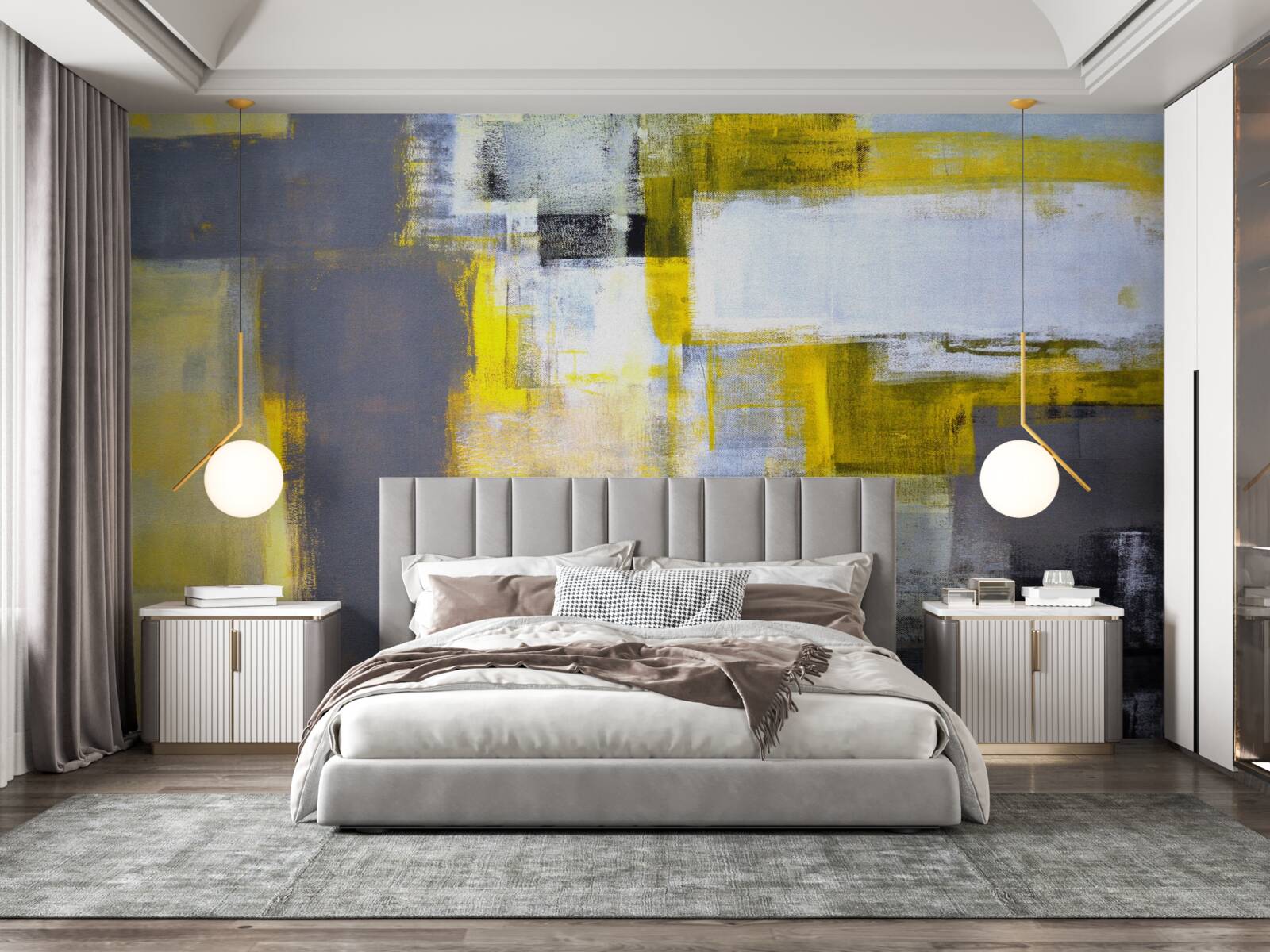 Papier peint peinture abstraite dans les tons de jaune et de gris, réalisée avec des peintures