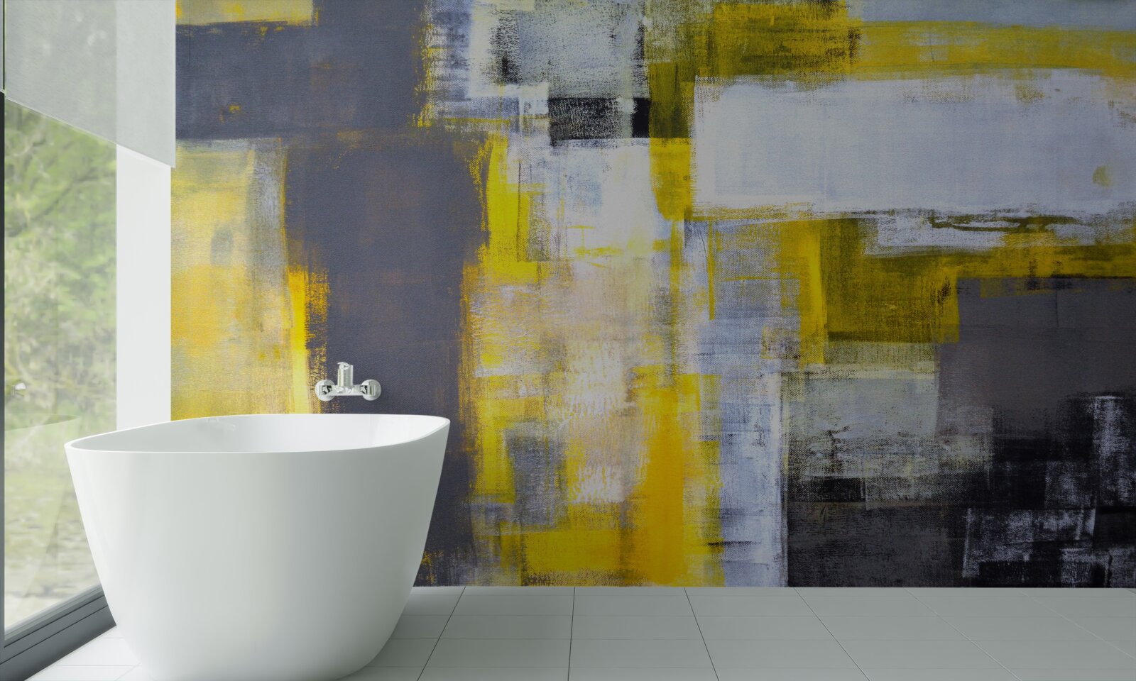 Papier peint peinture abstraite dans les tons de jaune et de gris, réalisée avec des peintures