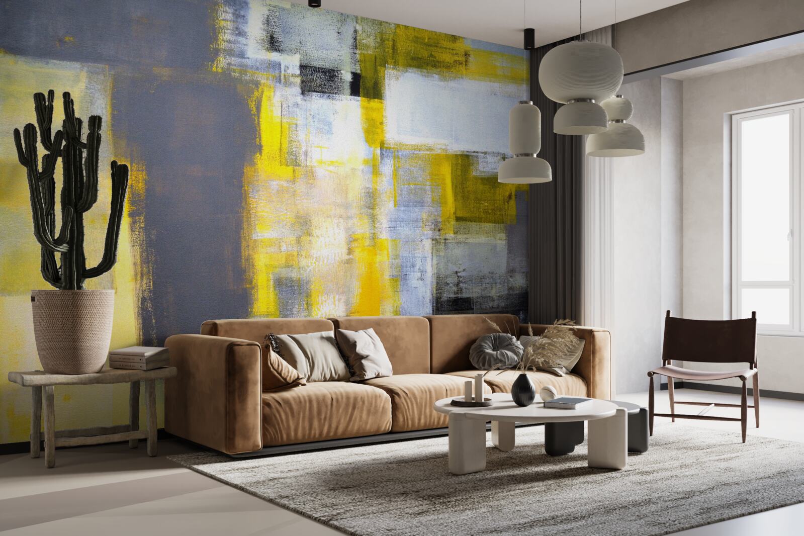 Papier peint peinture abstraite dans les tons de jaune et de gris, réalisée avec des peintures