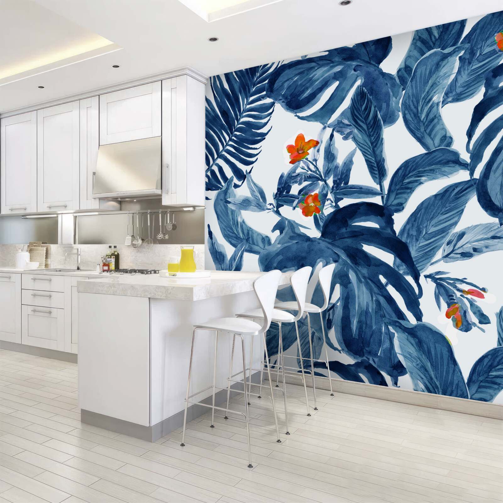 Papier peint lys pêche et fougère bleue