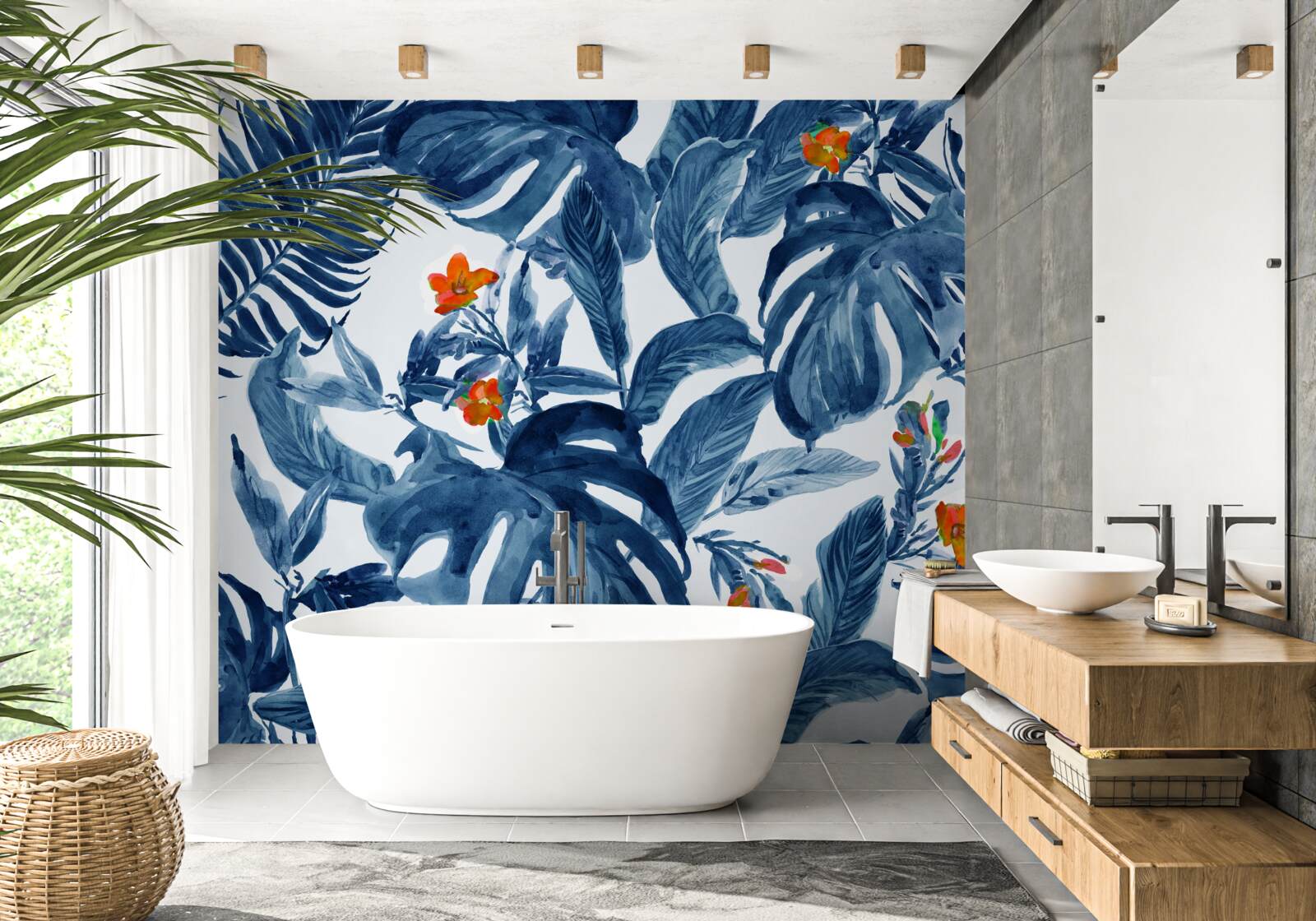 Papier peint lys pêche et fougère bleue