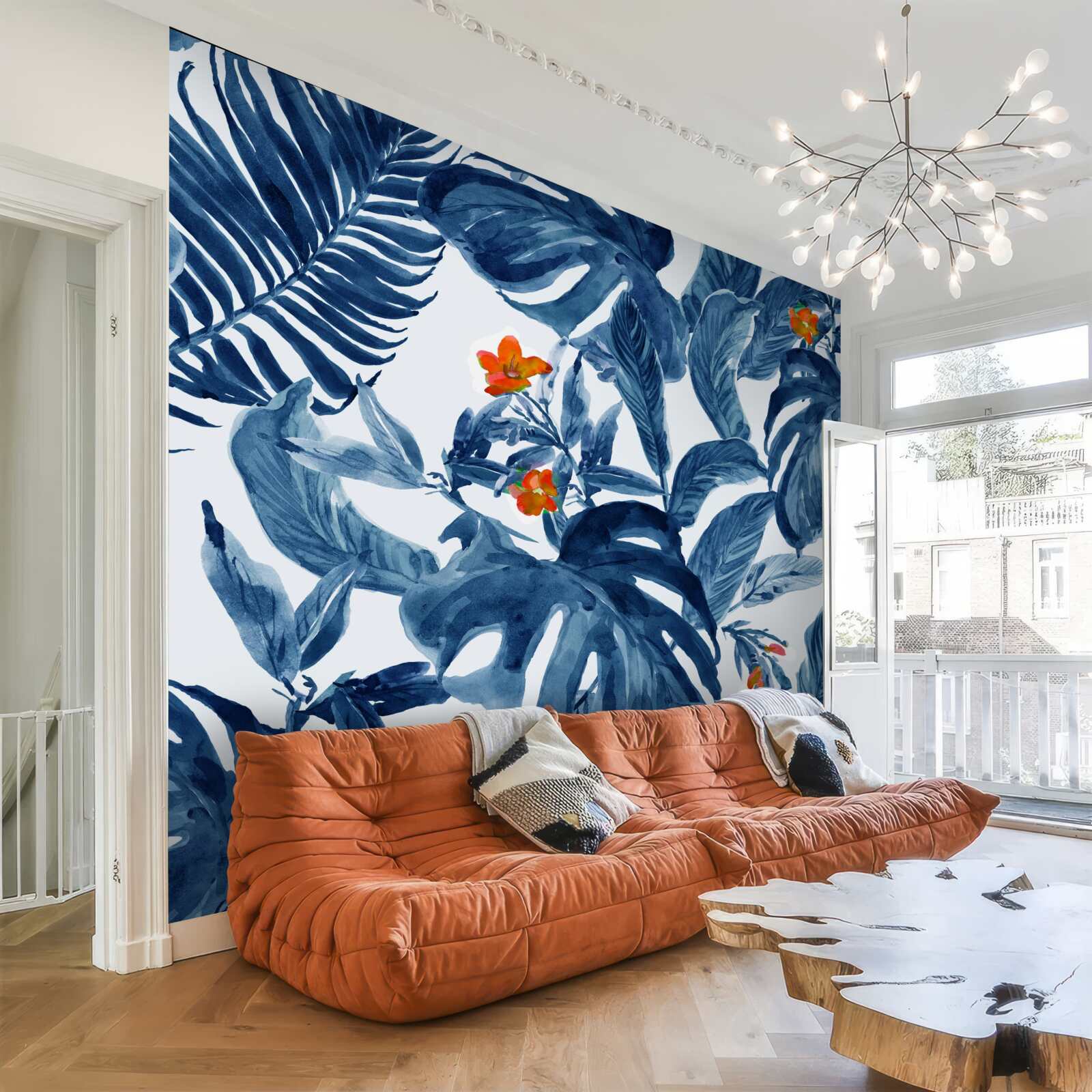 Papier peint lys pêche et fougère bleue