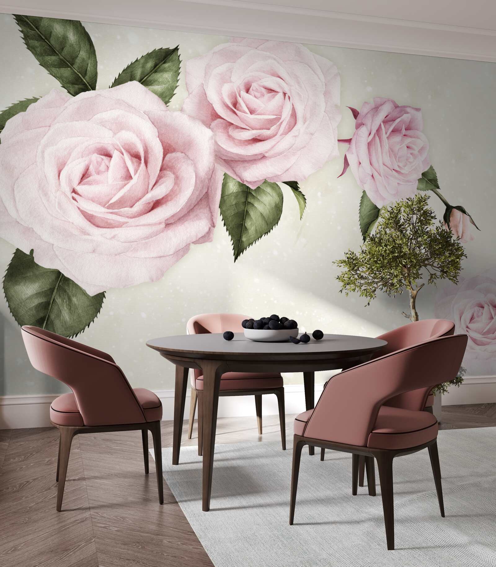 Papier peint roses roses subtiles sur fond blanc