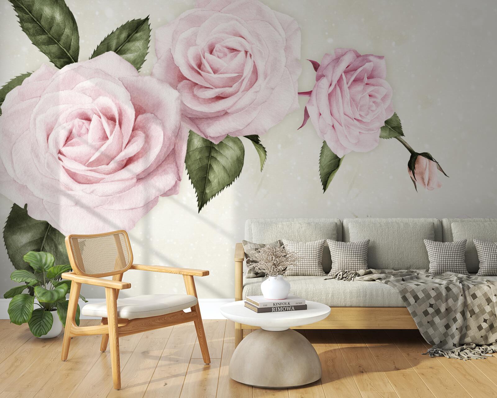 Papier peint roses roses subtiles sur fond blanc