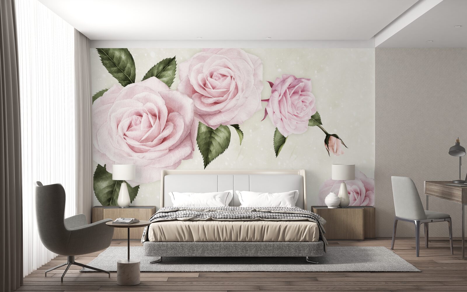 Papier peint roses roses subtiles sur fond blanc
