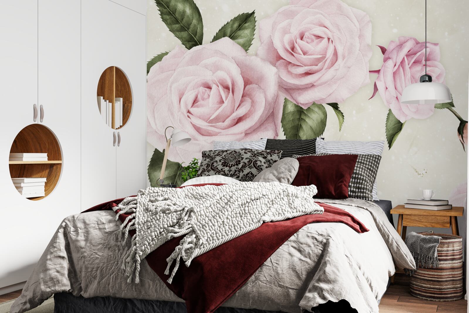 Papier peint roses roses subtiles sur fond blanc