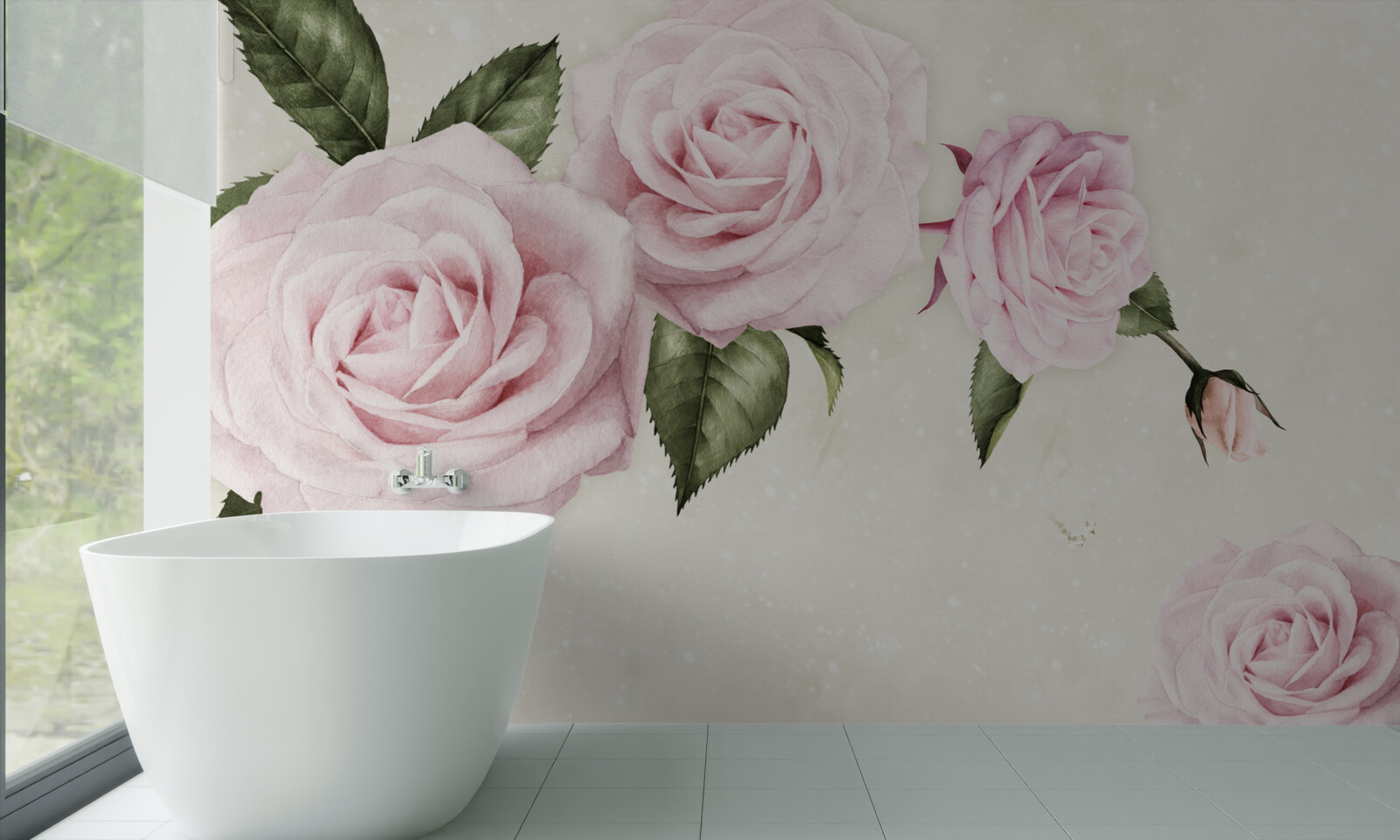Papier peint roses roses subtiles sur fond blanc