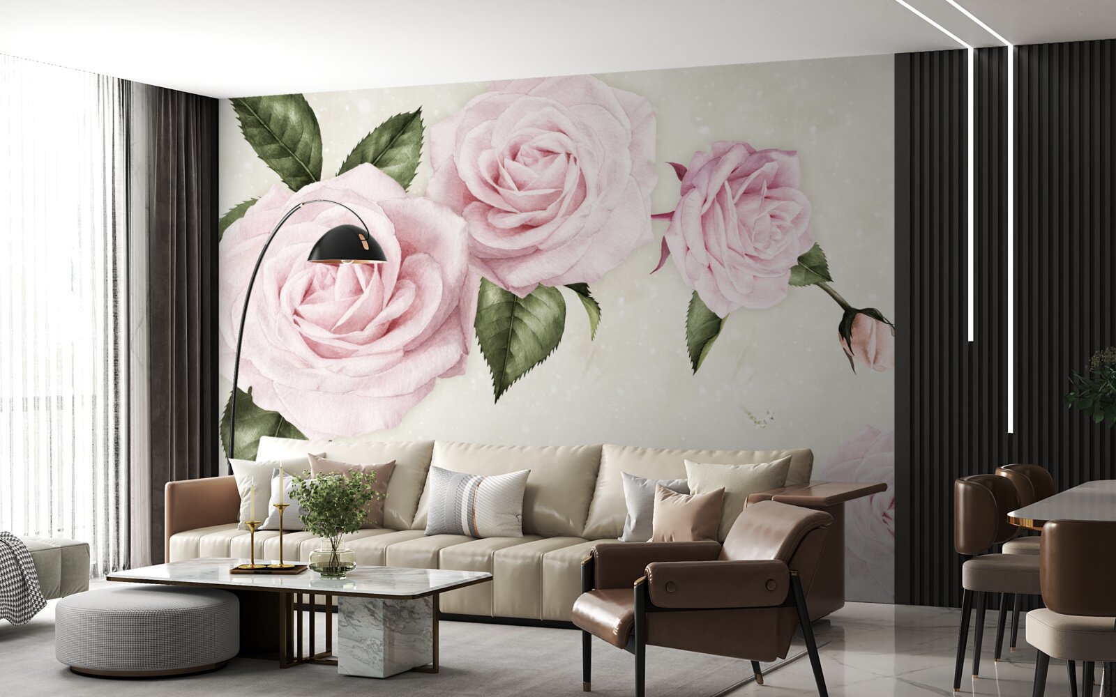 Papier peint roses roses subtiles sur fond blanc
