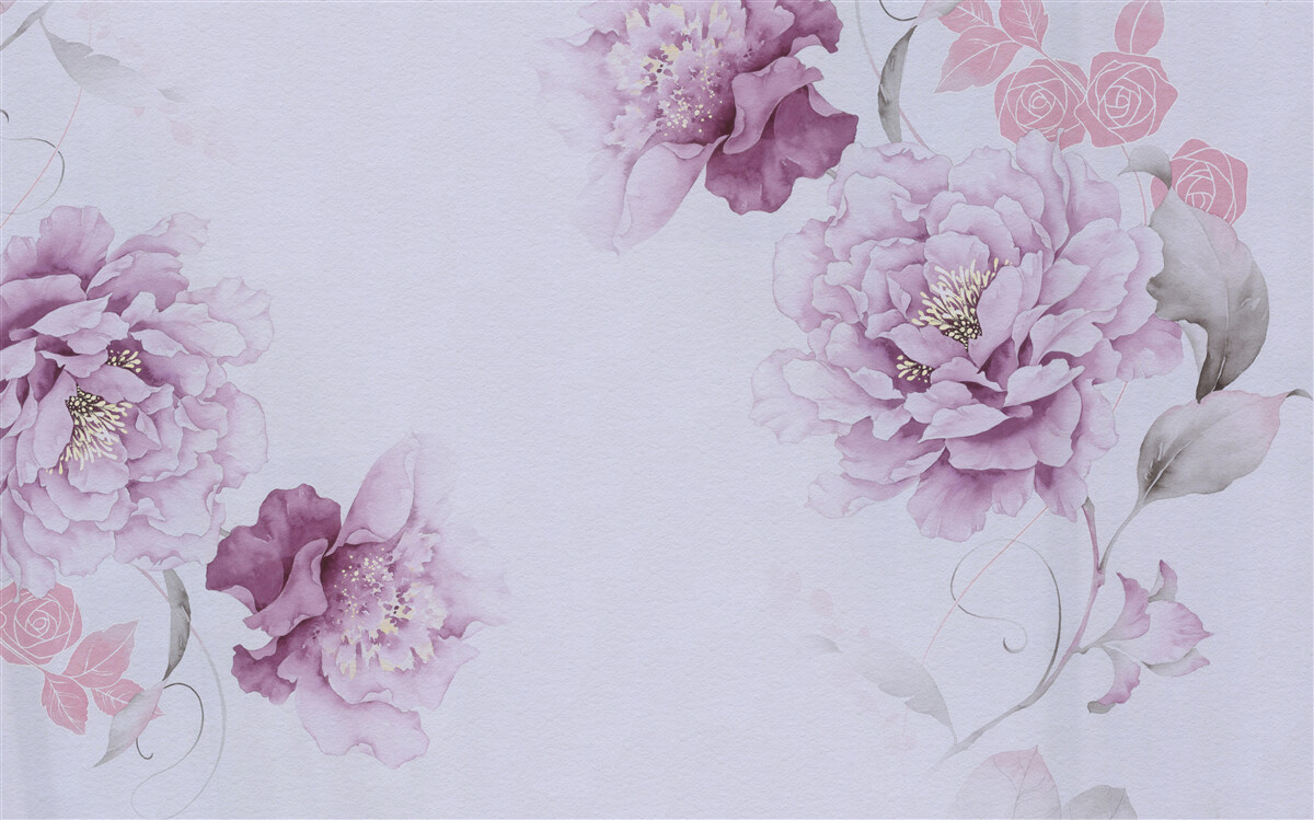 Papier peint grandes fleurs lilas sur fond gris