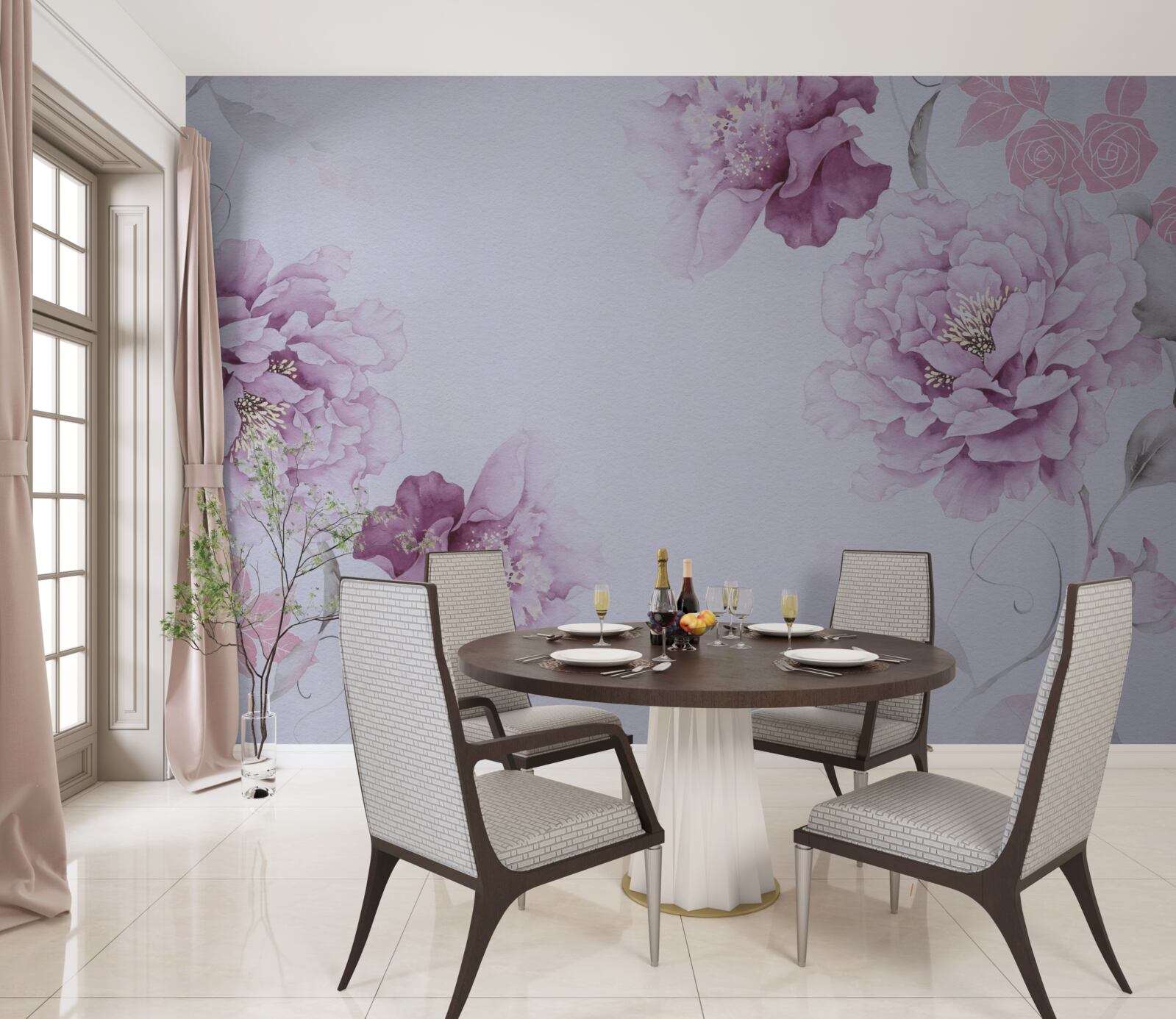 Papier peint grandes fleurs lilas sur fond gris