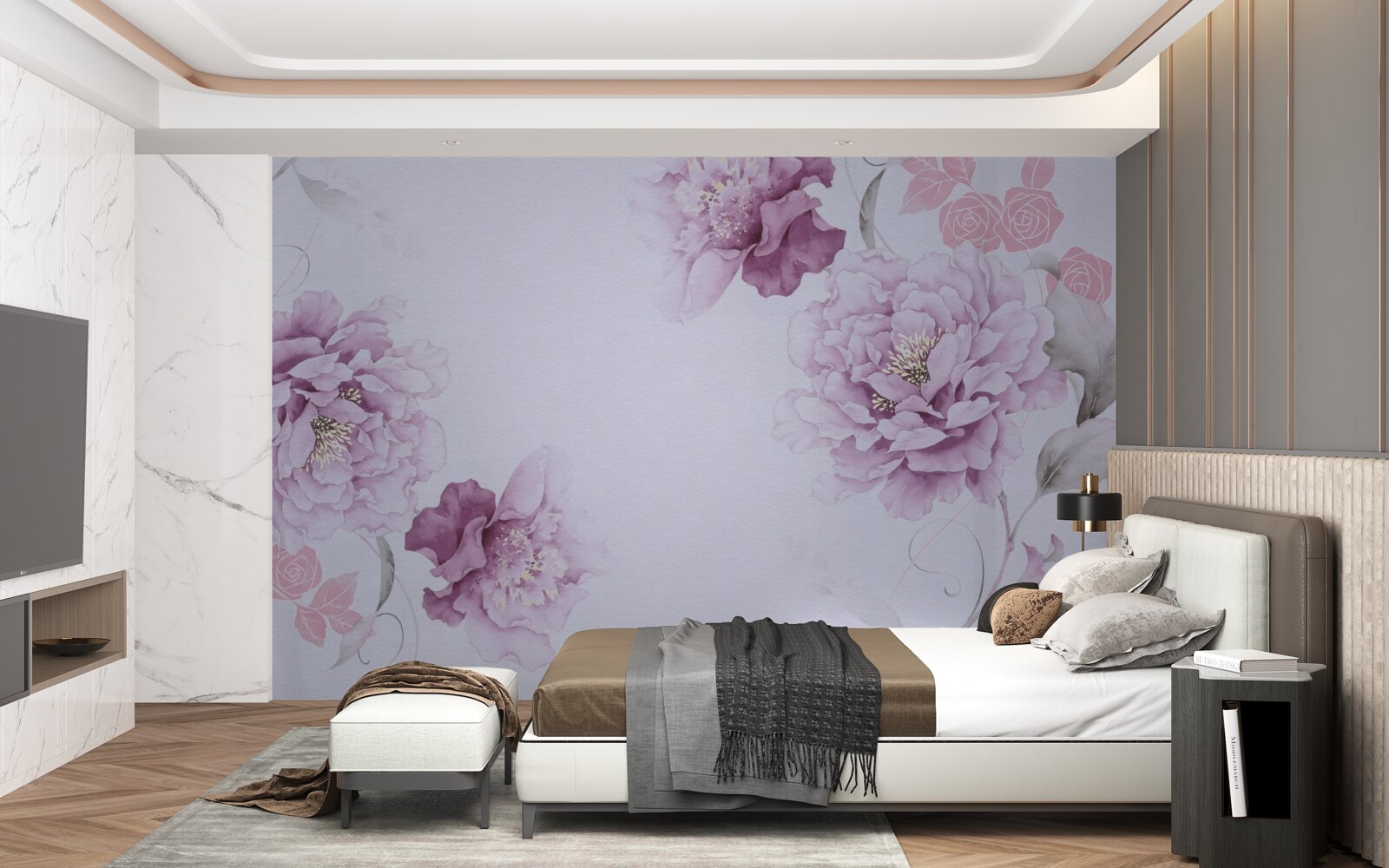 Papier peint grandes fleurs lilas sur fond gris