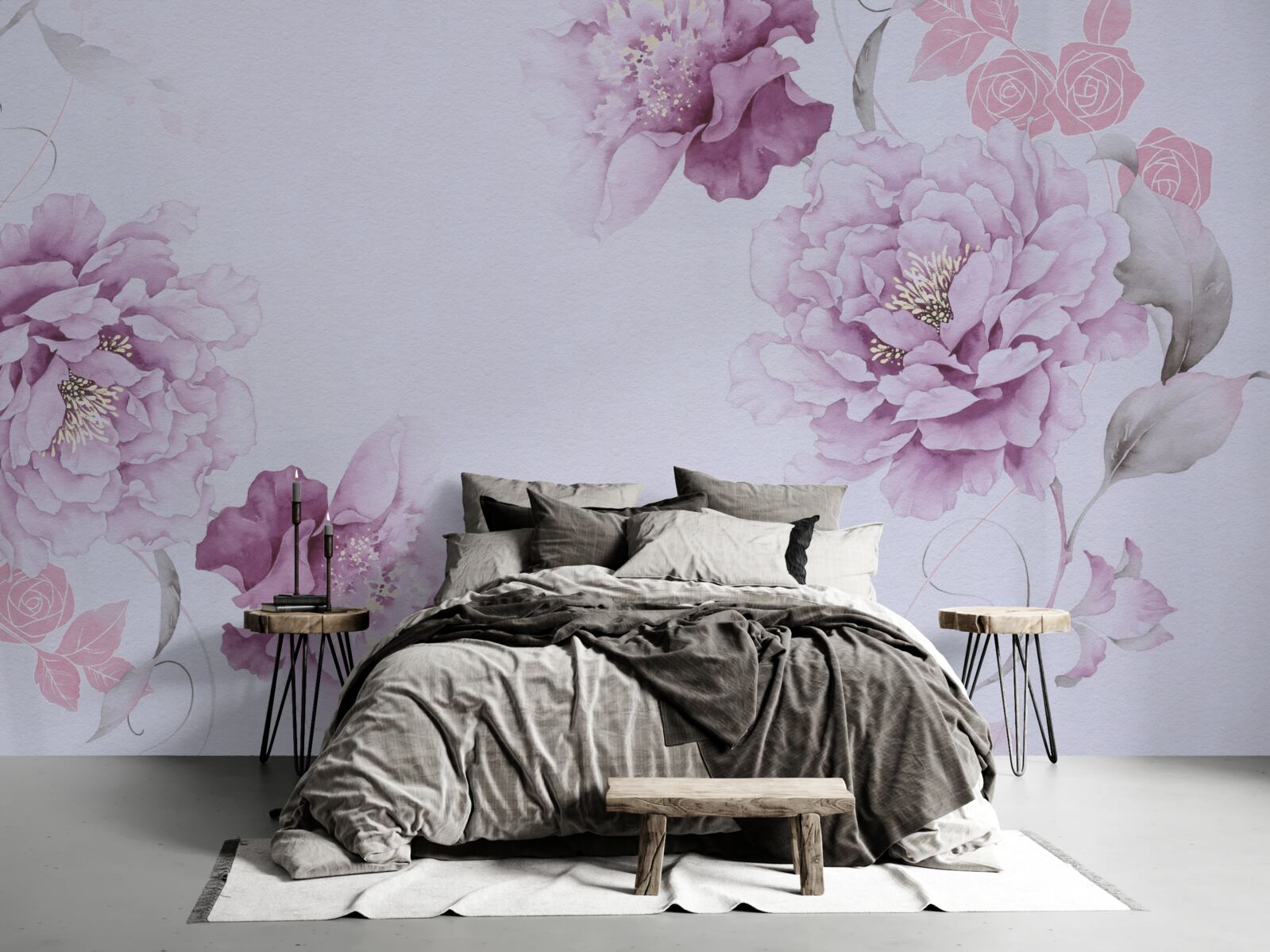 Papier peint grandes fleurs lilas sur fond gris