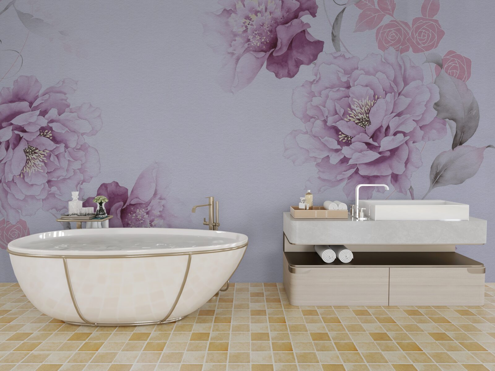 Papier peint grandes fleurs lilas sur fond gris