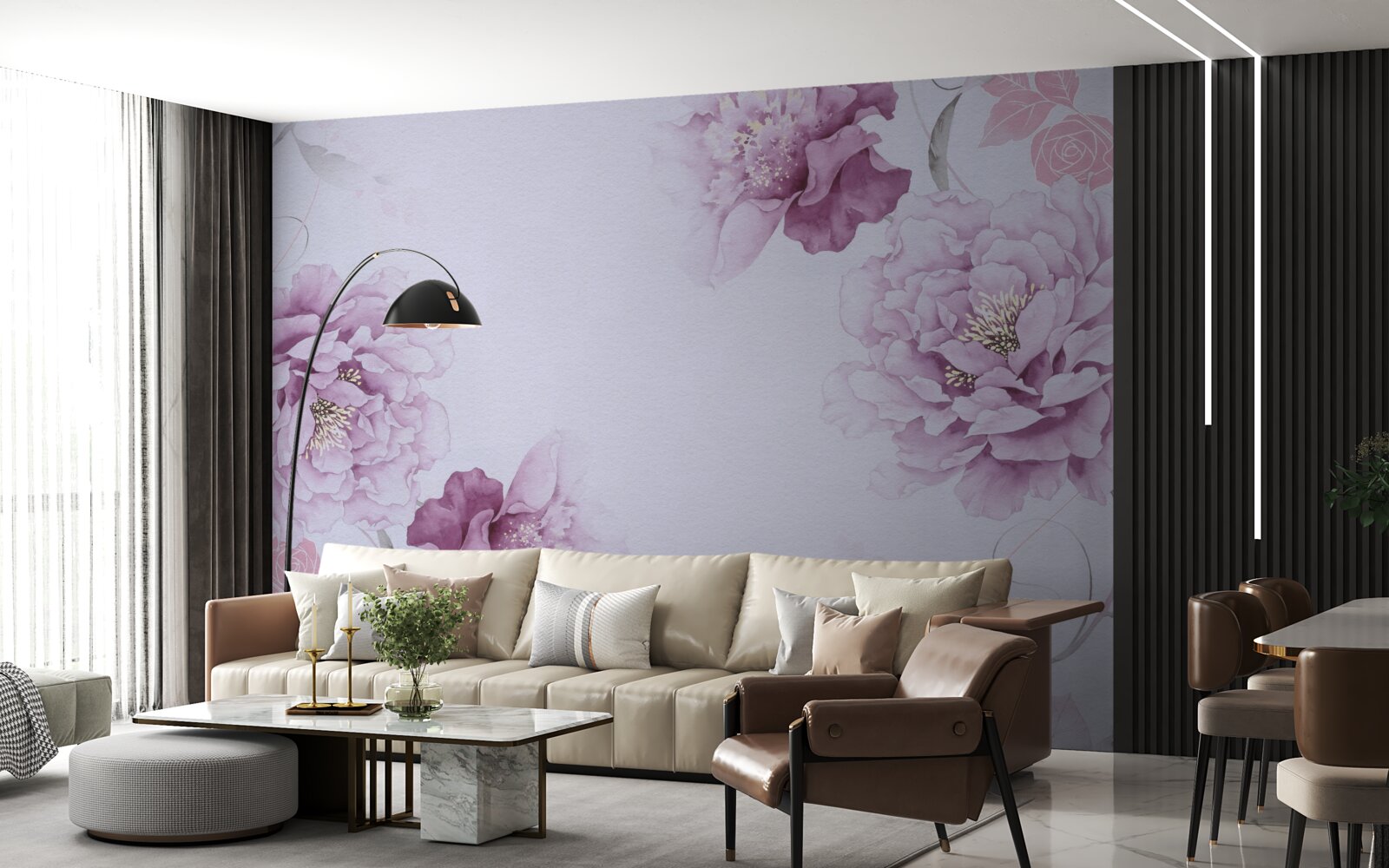 Papier peint grandes fleurs lilas sur fond gris