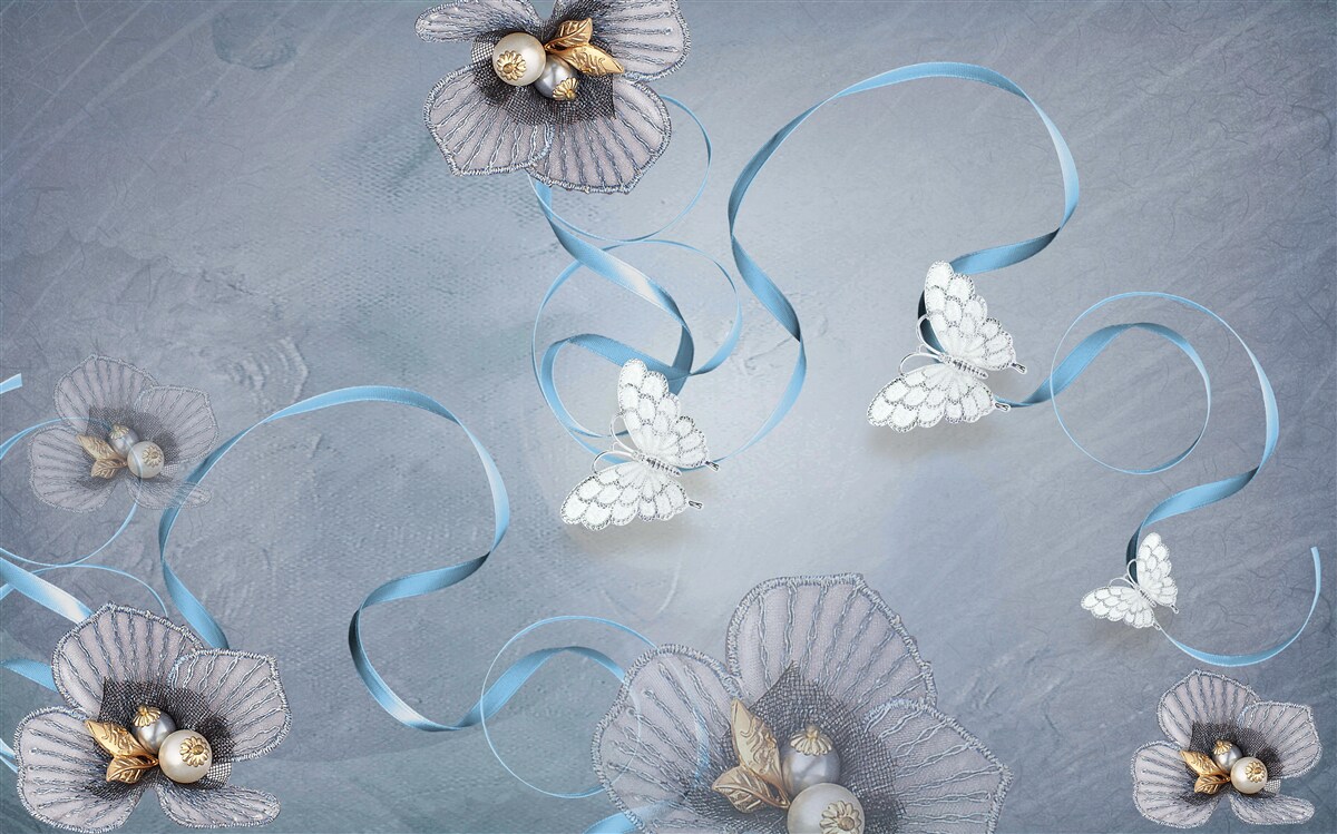 Papier peint Papillons et fleurs blancs comme neige, décorés de perles