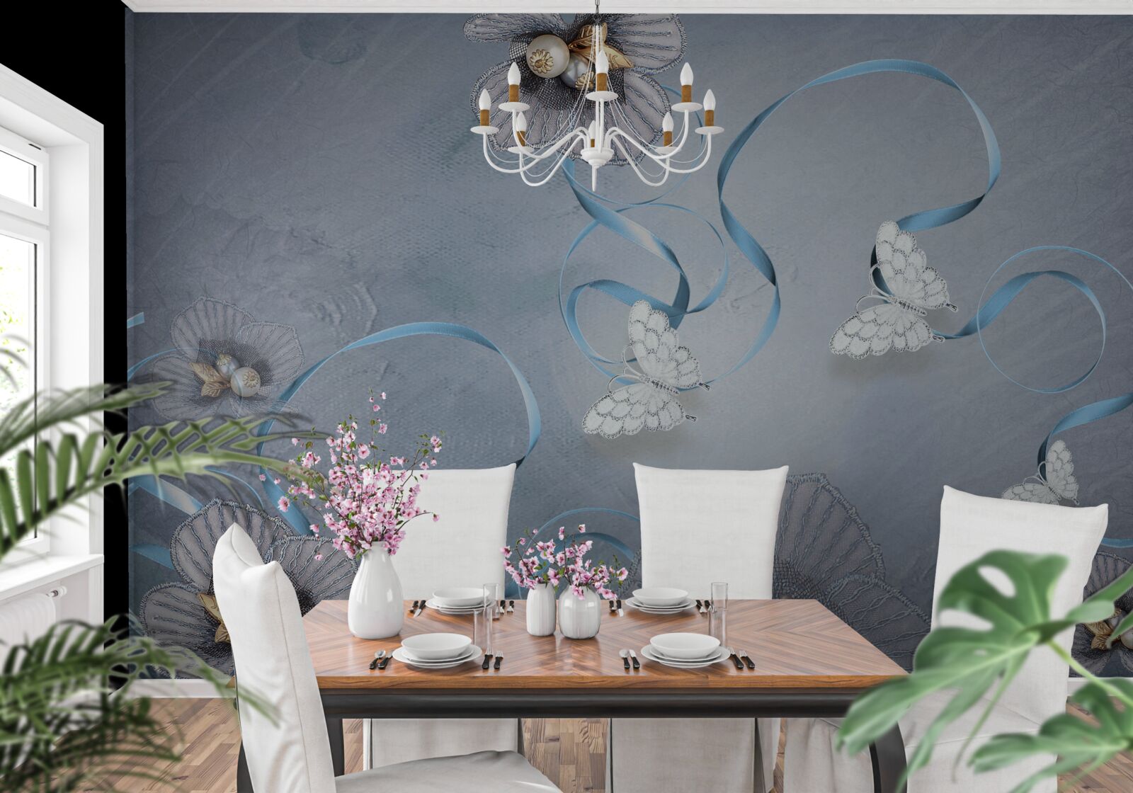 Papier peint Papillons et fleurs blancs comme neige, décorés de perles