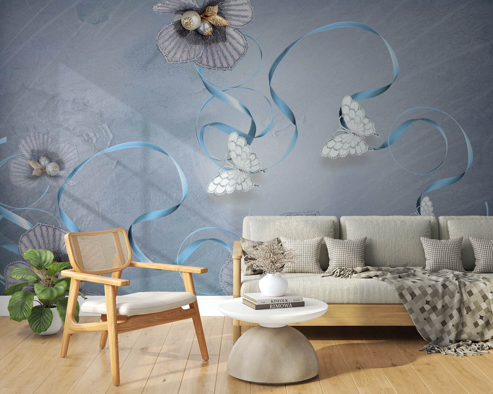 Papier peint Papillons et fleurs blancs comme neige, décorés de perles