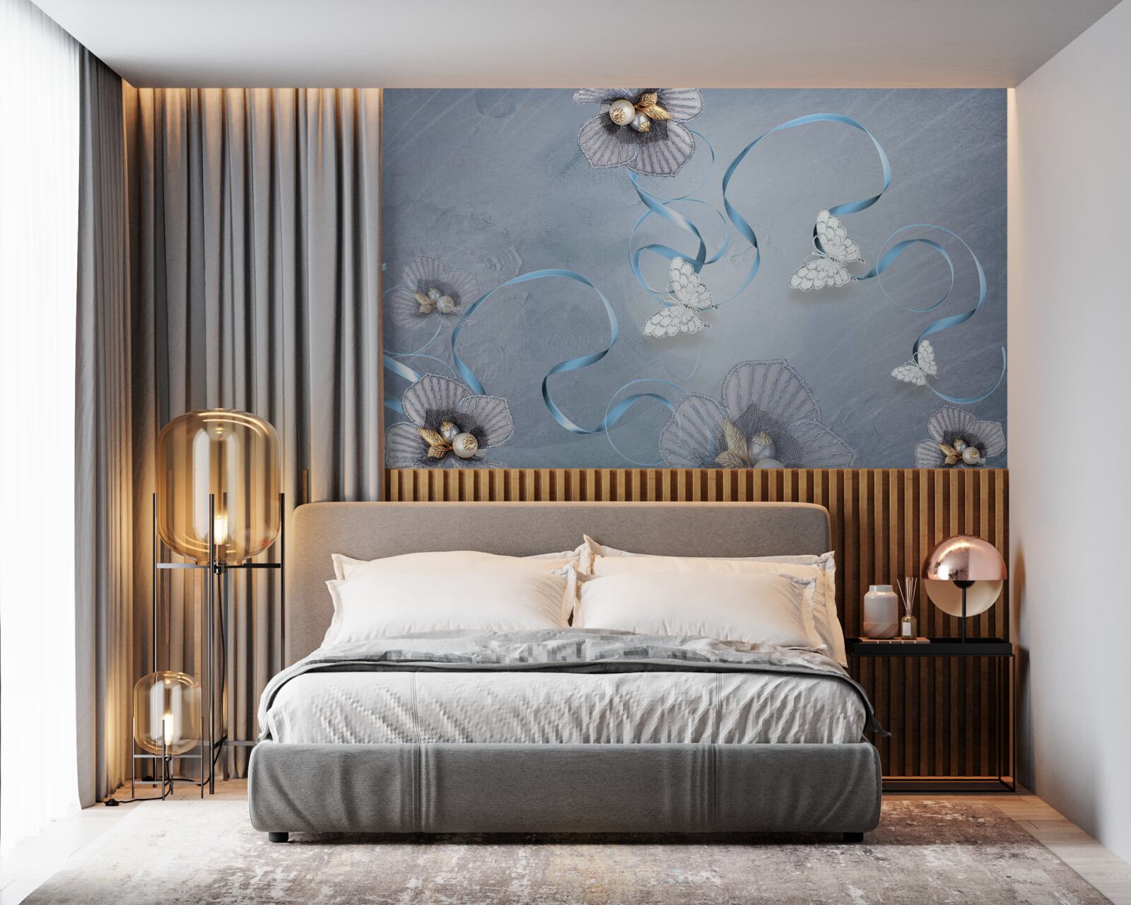 Papier peint Papillons et fleurs blancs comme neige, décorés de perles