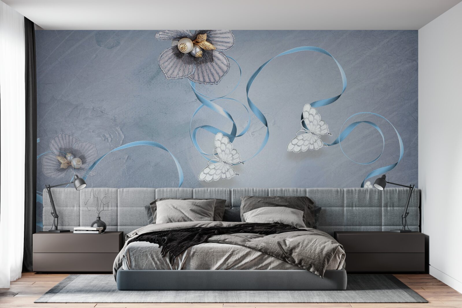 Papier peint Papillons et fleurs blancs comme neige, décorés de perles