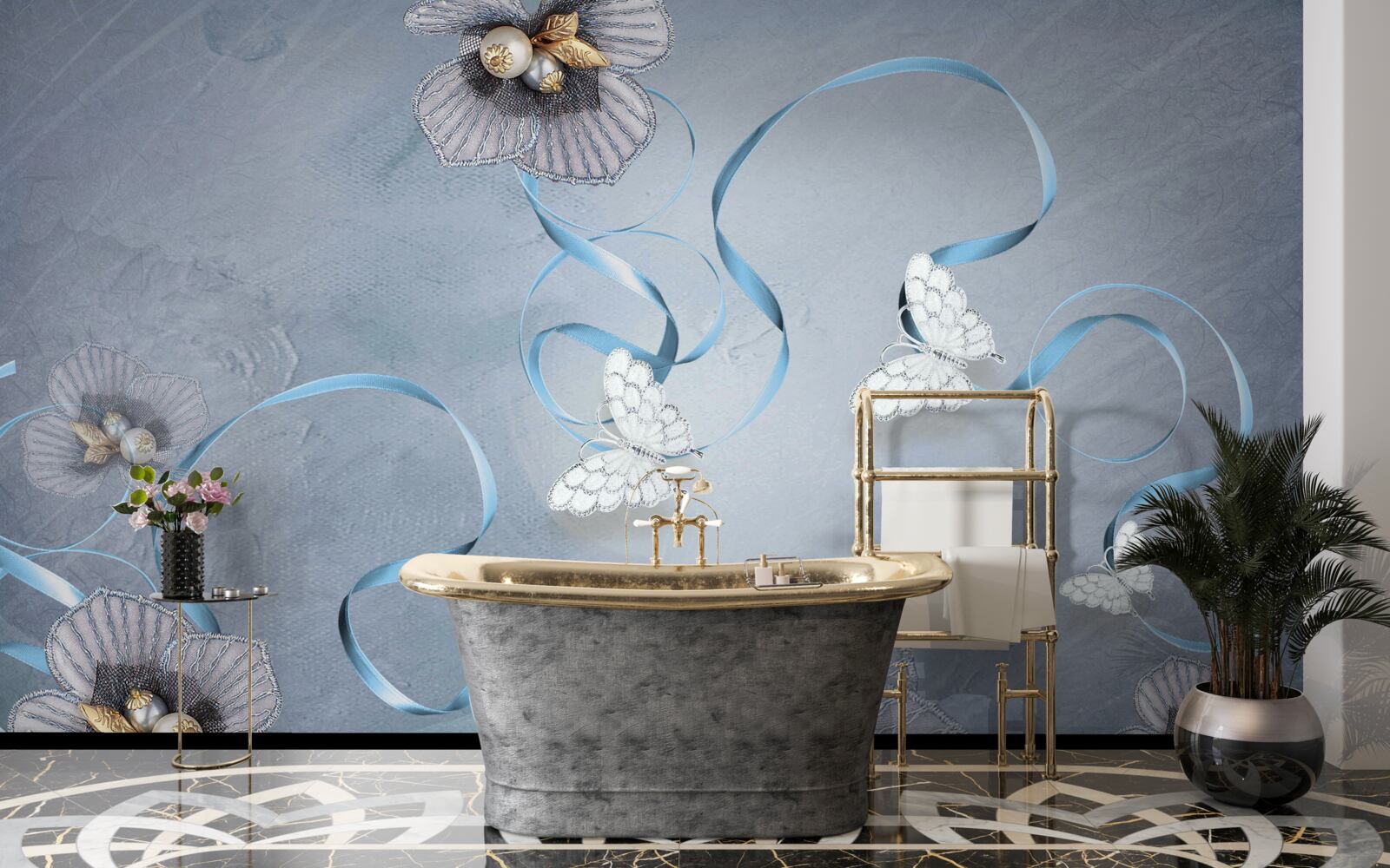 Papier peint Papillons et fleurs blancs comme neige, décorés de perles