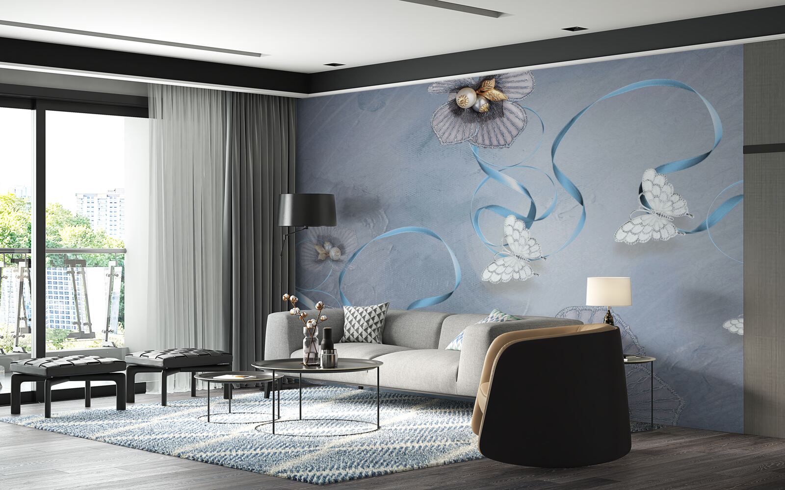 Papier peint Papillons et fleurs blancs comme neige, décorés de perles