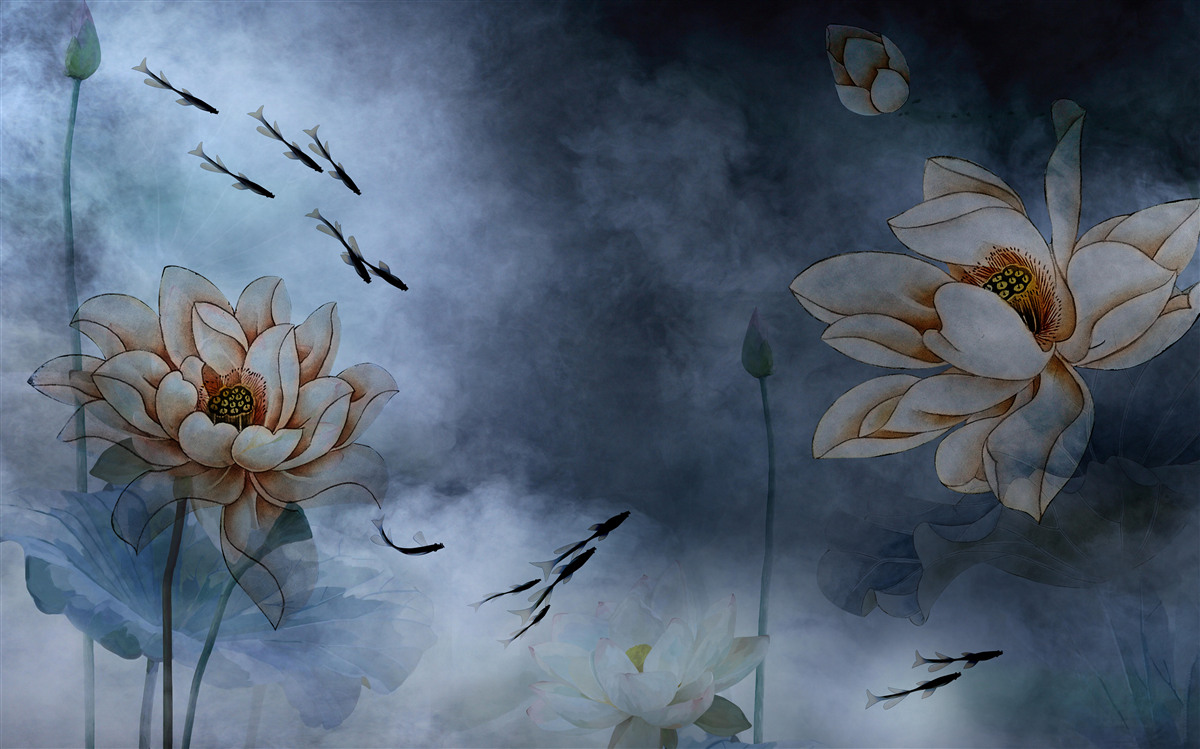 Papier peint des fleurs avec des poissons qui nagent autour d'elles