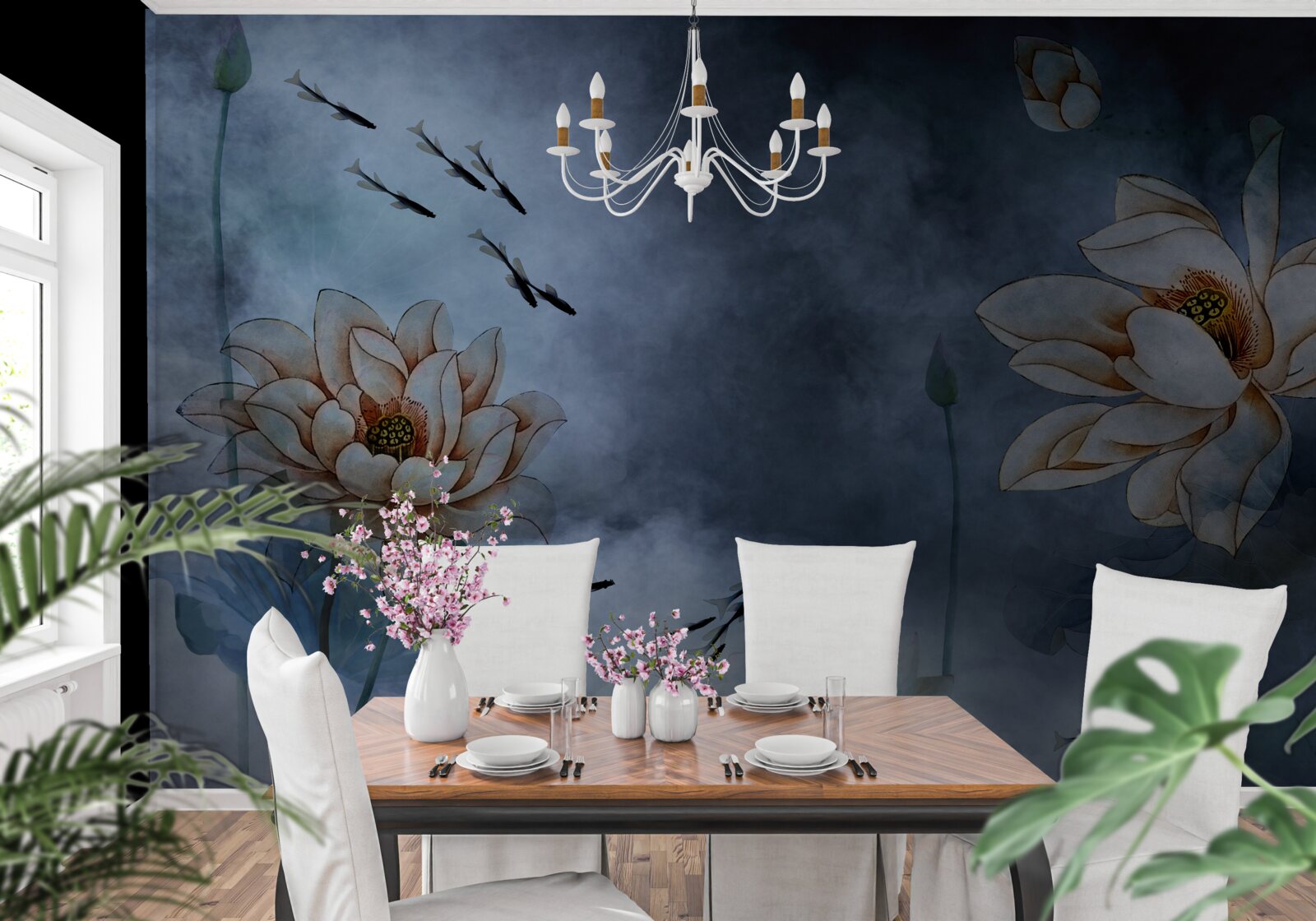 Papier peint des fleurs avec des poissons qui nagent autour d'elles