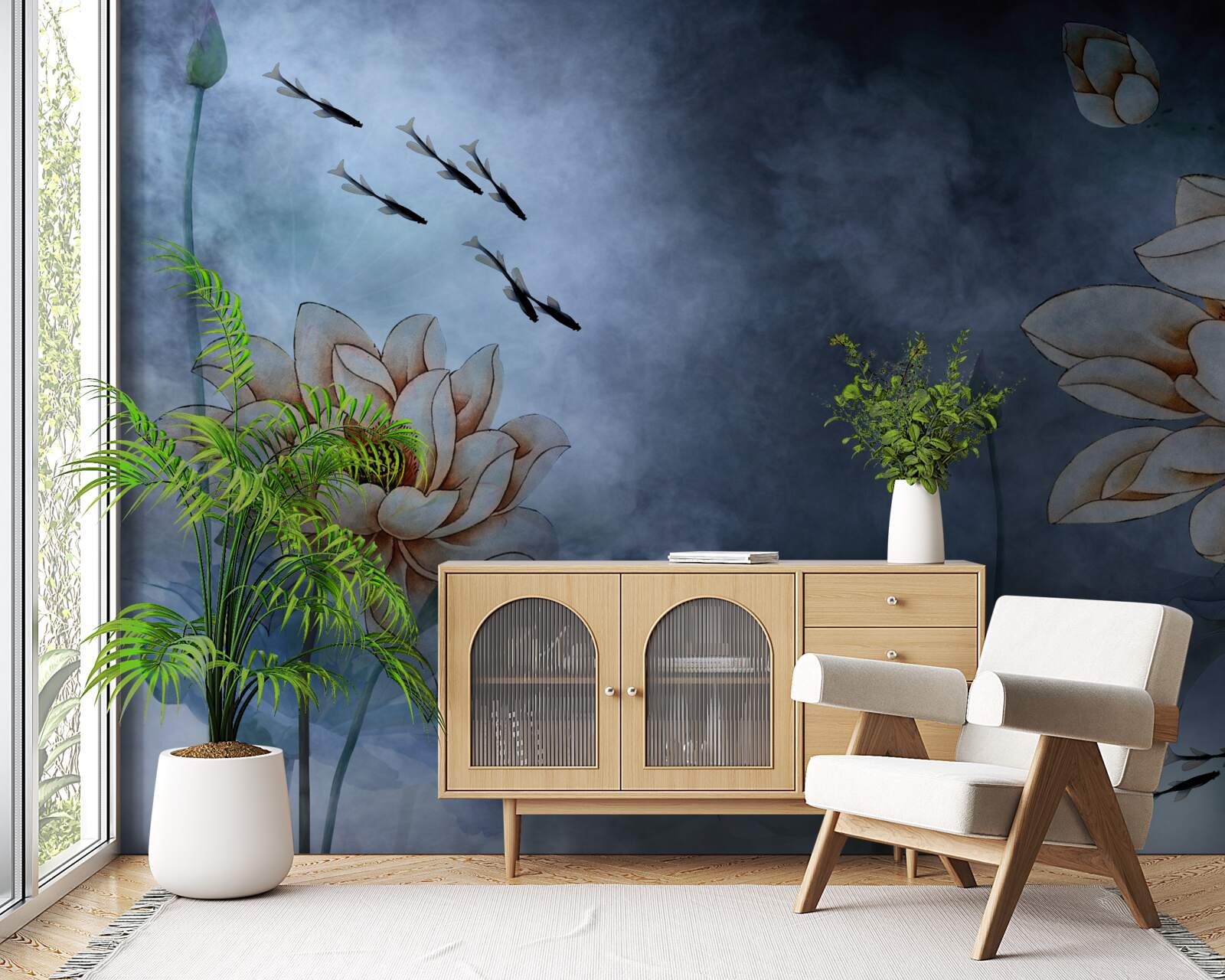 Papier peint des fleurs avec des poissons qui nagent autour d'elles