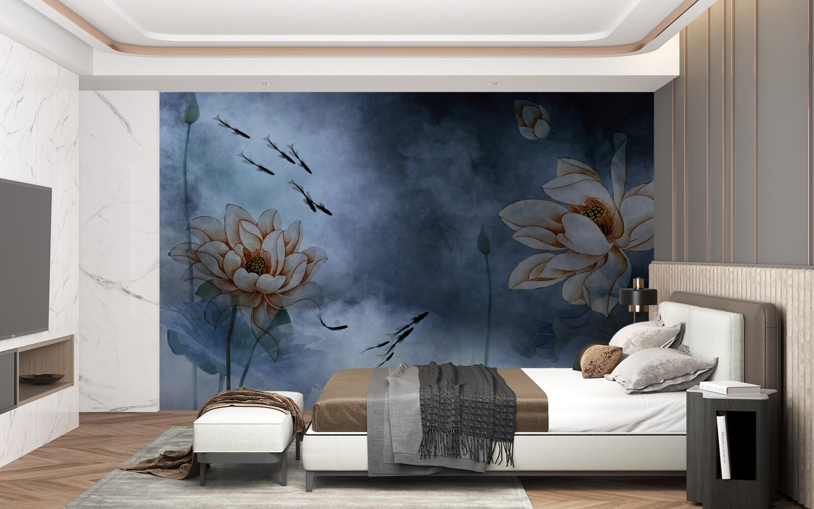 Papier peint des fleurs avec des poissons qui nagent autour d'elles