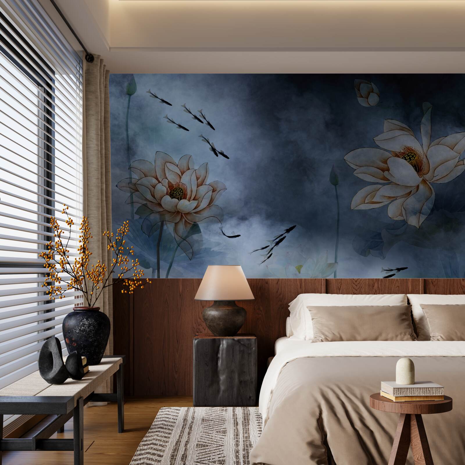 Papier peint des fleurs avec des poissons qui nagent autour d'elles