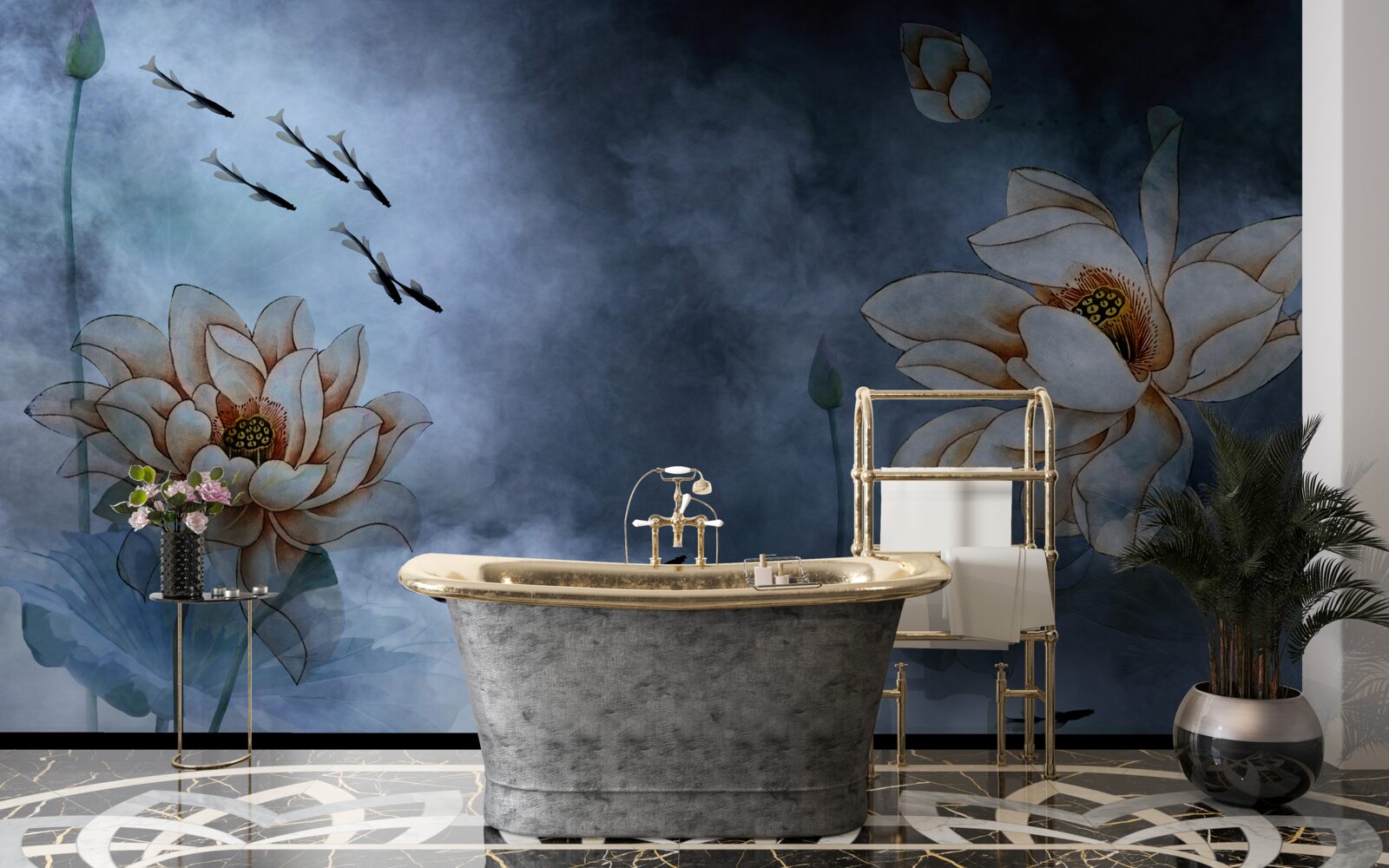 Papier peint des fleurs avec des poissons qui nagent autour d'elles