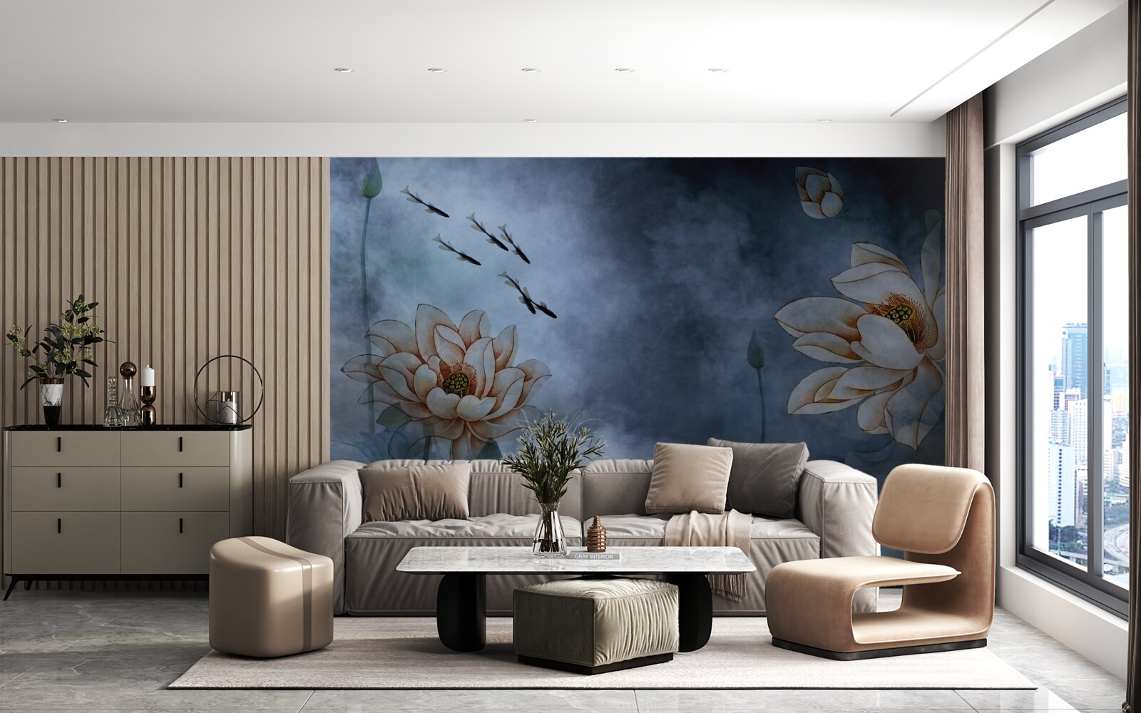 Papier peint des fleurs avec des poissons qui nagent autour d'elles