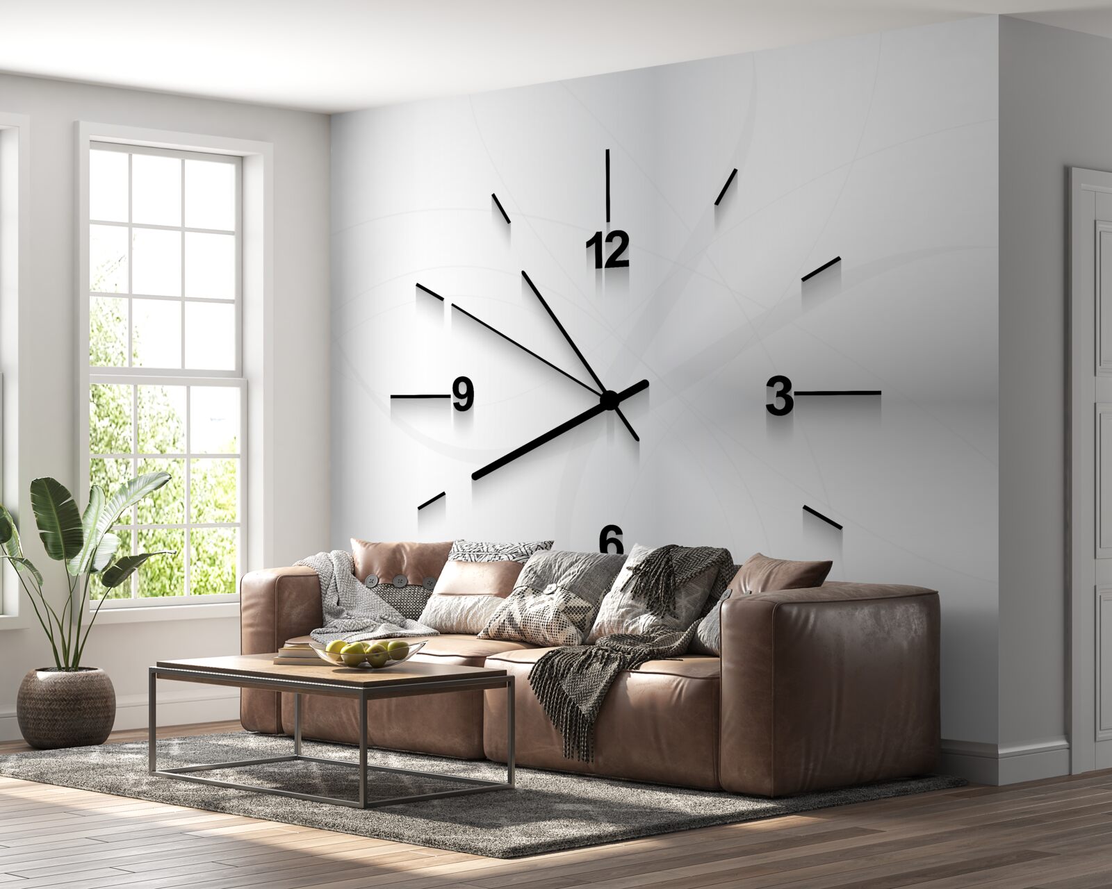 Papier peint une horloge argentée à quatre chiffres est accrochée au mur