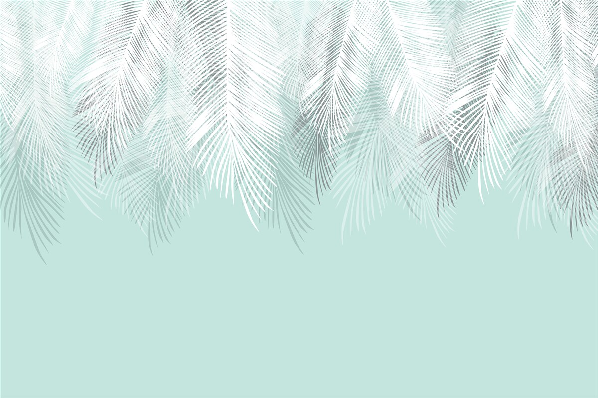 Papier peint les feuilles de palmier sont blanches sur fond turquoise