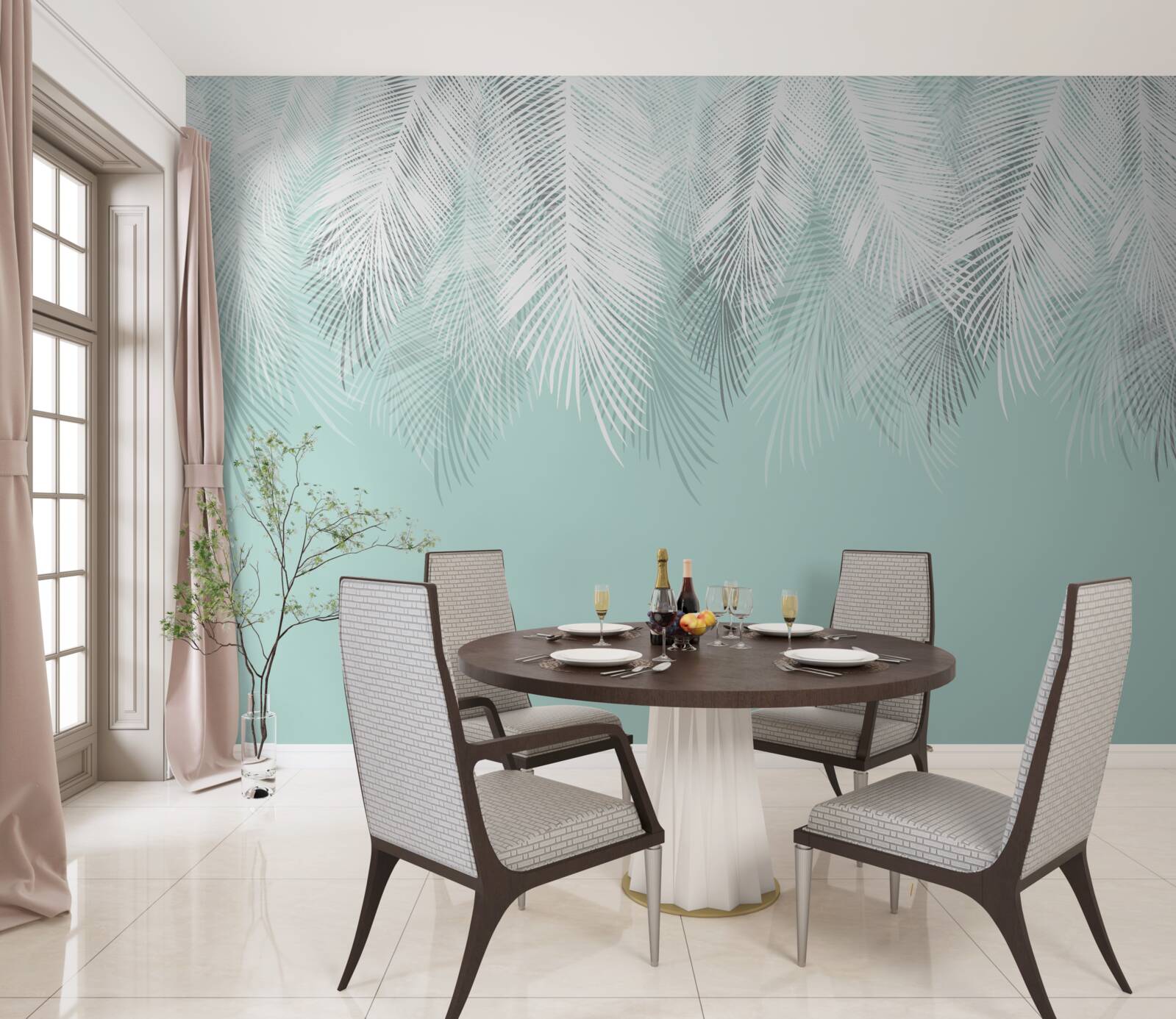 Papier peint les feuilles de palmier sont blanches sur fond turquoise